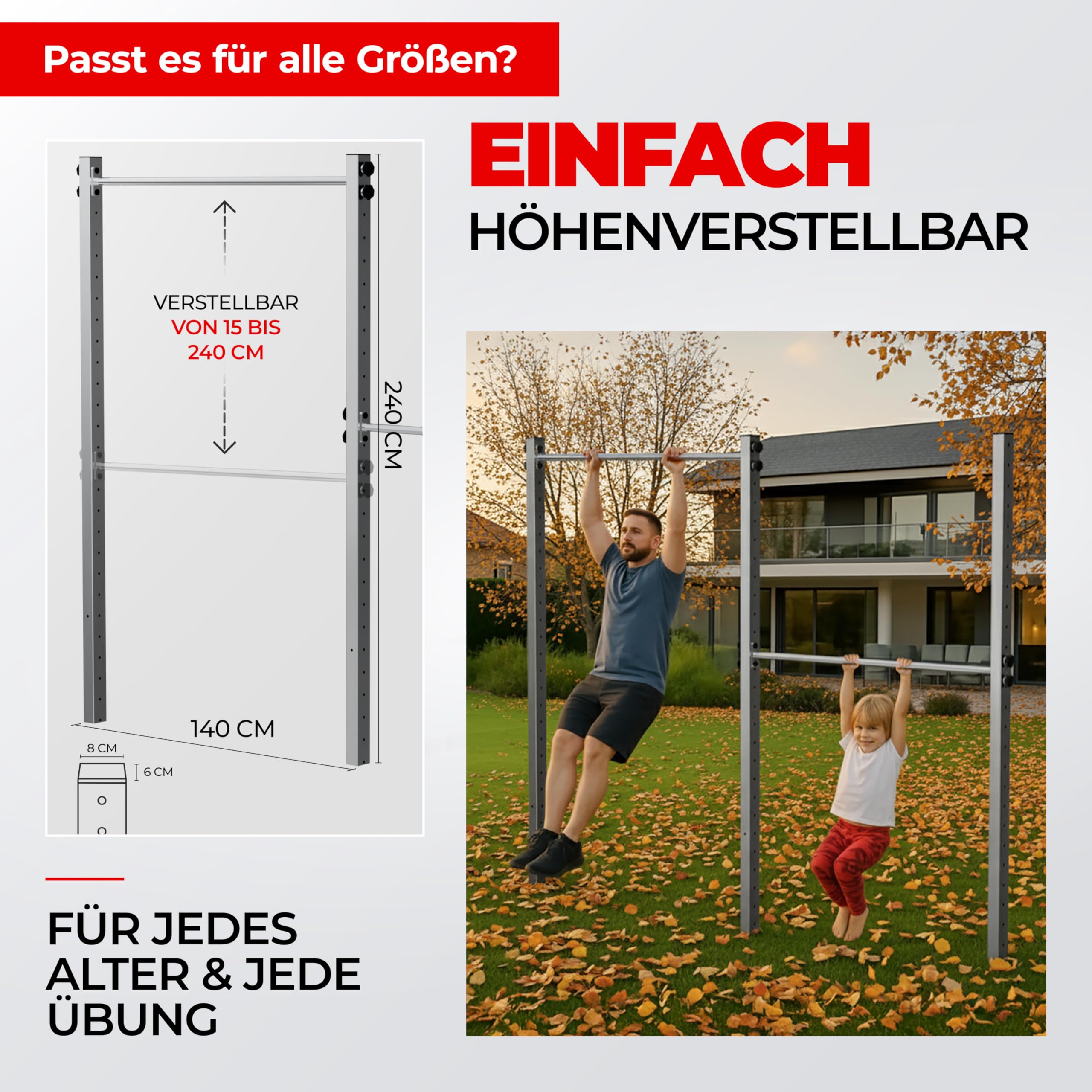 Doppel Reckstange Zugschwitze aus V2A Edelstahl/wetterfeste Klimmzugstange freistehend für Outdoor-Fitness/hochwertiges Turnreck für Garten/Doppelreck je bis 150 kg belastbar