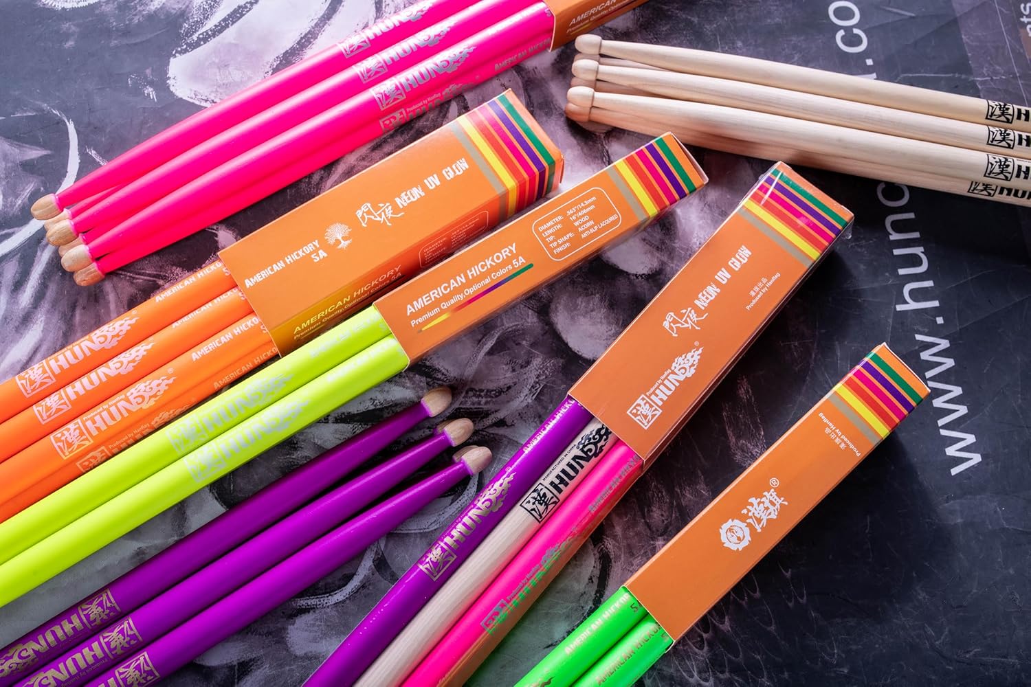 Yello Color Neon UV Glow Drumsticks 5A - 3 Pairs (6 Sticks),Hickory Wood, Weight and Pitch Matched for Balanced Feel,Glows Under Black Light for Stage Performance