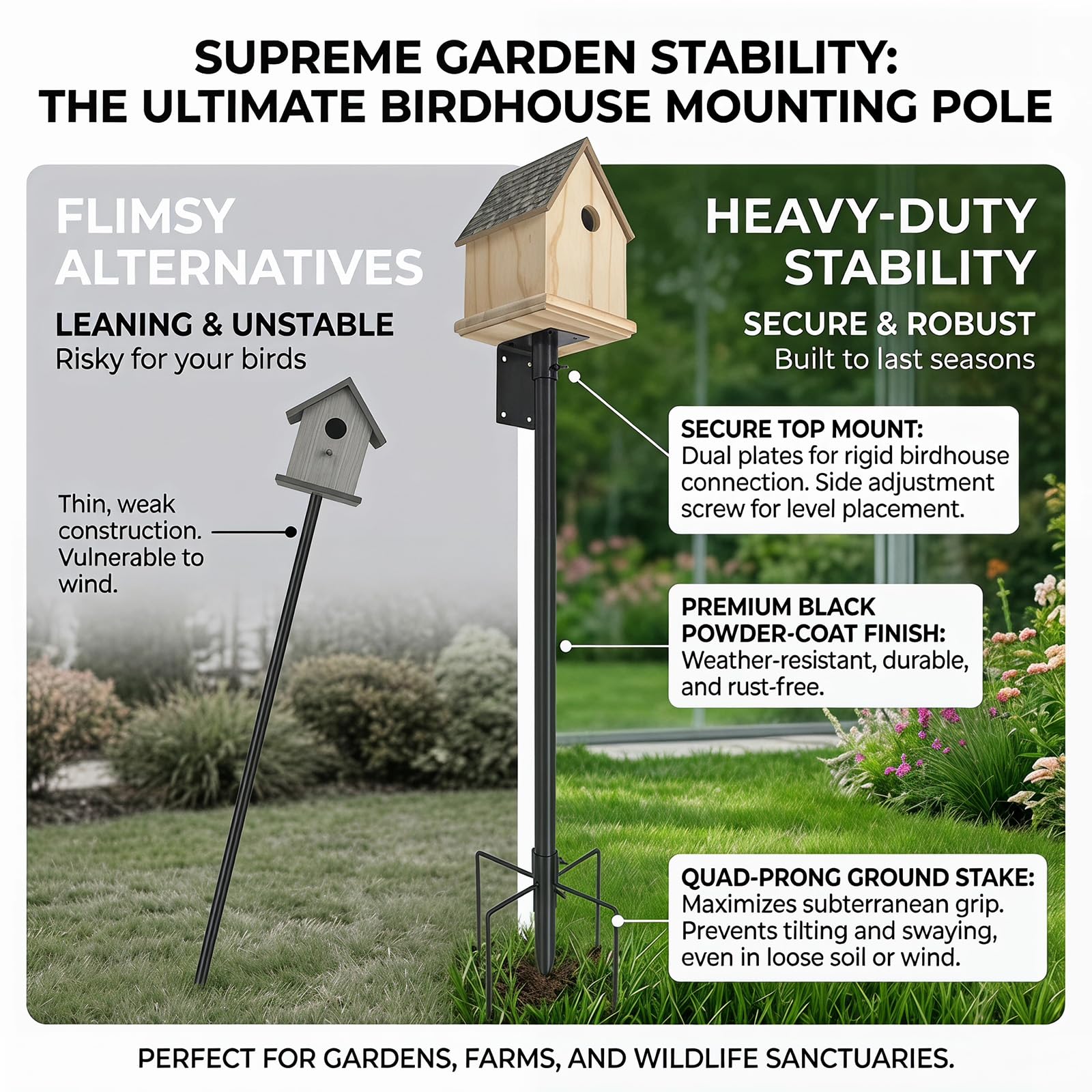 Set di supporto per asta per mangiatoia per uccelli, in metallo, universale, con base a 5 punte, per giardino, balcone, esterno, cortile (193 cm)