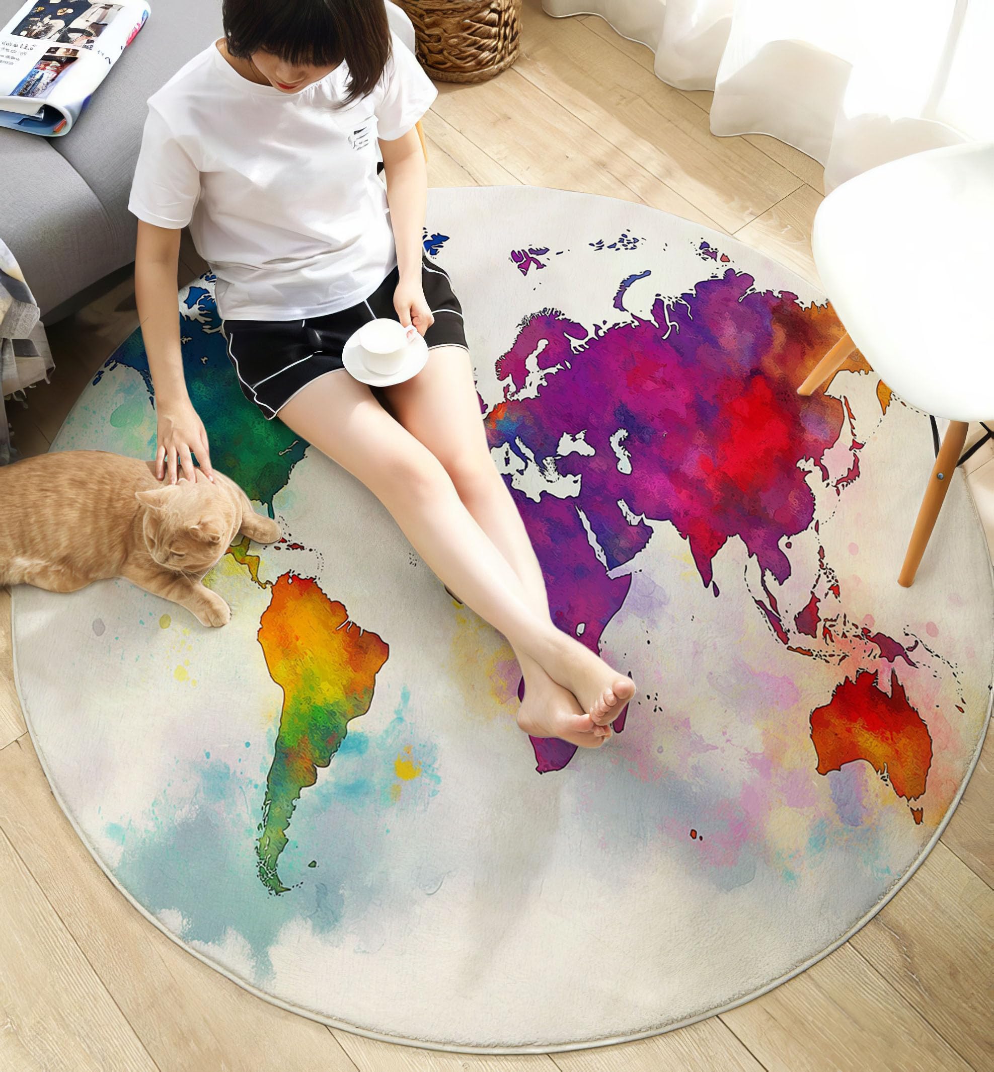 Aquarell-Weltkarte Rutschfest Runder Teppich 100cm, Minimalismus Runder Teppich Wohnzimmer, Mehrfarbig Dekoration Teppiche Weich Waschbar Für Zuhause Bodenmatte Schlafzimmer Dekorativer Teppiche