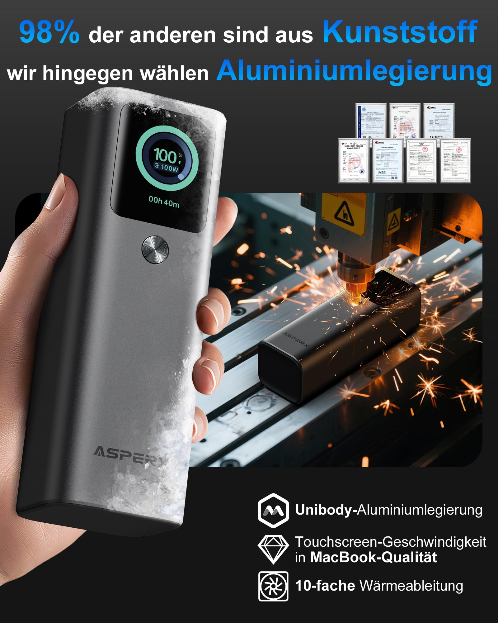AsperX Laptop Powerbank 20000mAh,Total 165W Schnellladen | 60cm USB C Kabel Integriert,jeweils 100W'Max,TFT-Display,Power Bank für iPhone Galaxy MacBook(Alulegierung)