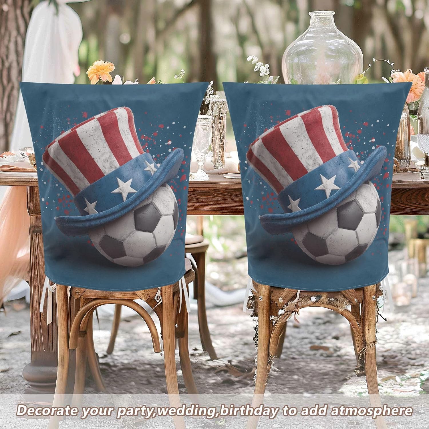 ALAZA USA Stars Stripes and Soccer Balls Chair Back Cover Set of 6, Washable Reusable Removable Chair Slipcovers Decorative Chair Cover for Home Kitchen Wedding Party