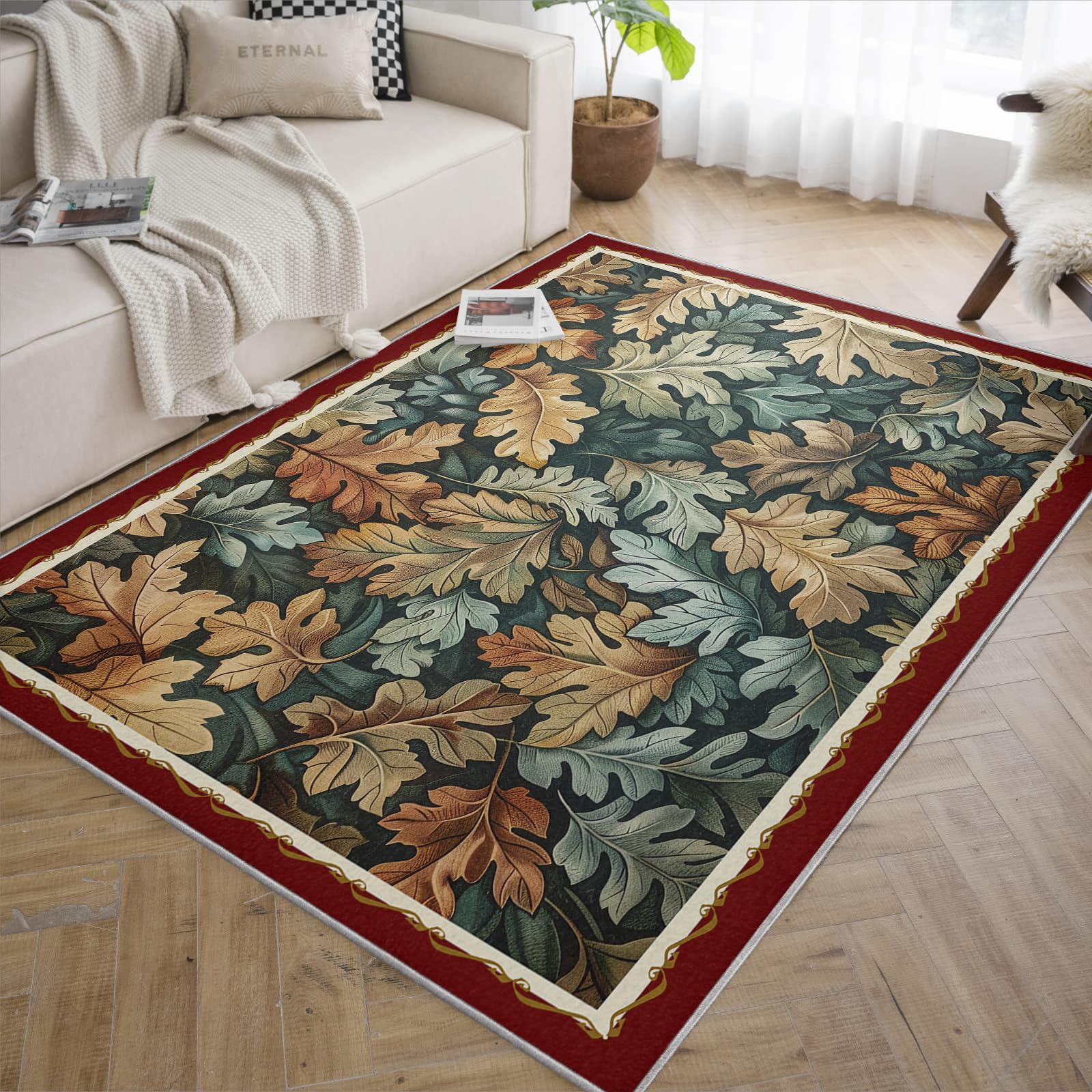 Tappeti rustici lavabili 60x100cm Boho Farmhouse Tappeto a foglia di quercia per soggiorno camera da letto Nursery Foglie autunnali a pelo basso Tappeto a pelo basso Zerbino con bordo rosso