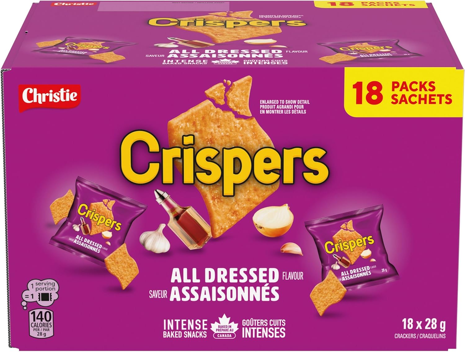 CRISPERS, All Dressed Flavour, 18 Individually Wrapped Snack Packs, Bulk Lunch School Snacks, Value Pack, Is It a Chip or a Cracker, 504 g (28 g bags each)