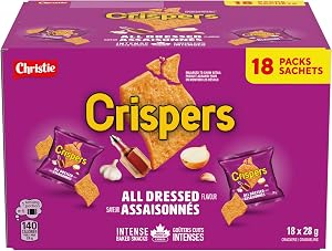 CRISPERS, All Dressed Flavour, 18 Individually Wrapped Snack Packs, Bulk Lunch School Snacks, Value Pack, Is It a Chip or a Cracker, 504 g (28 g bags each)