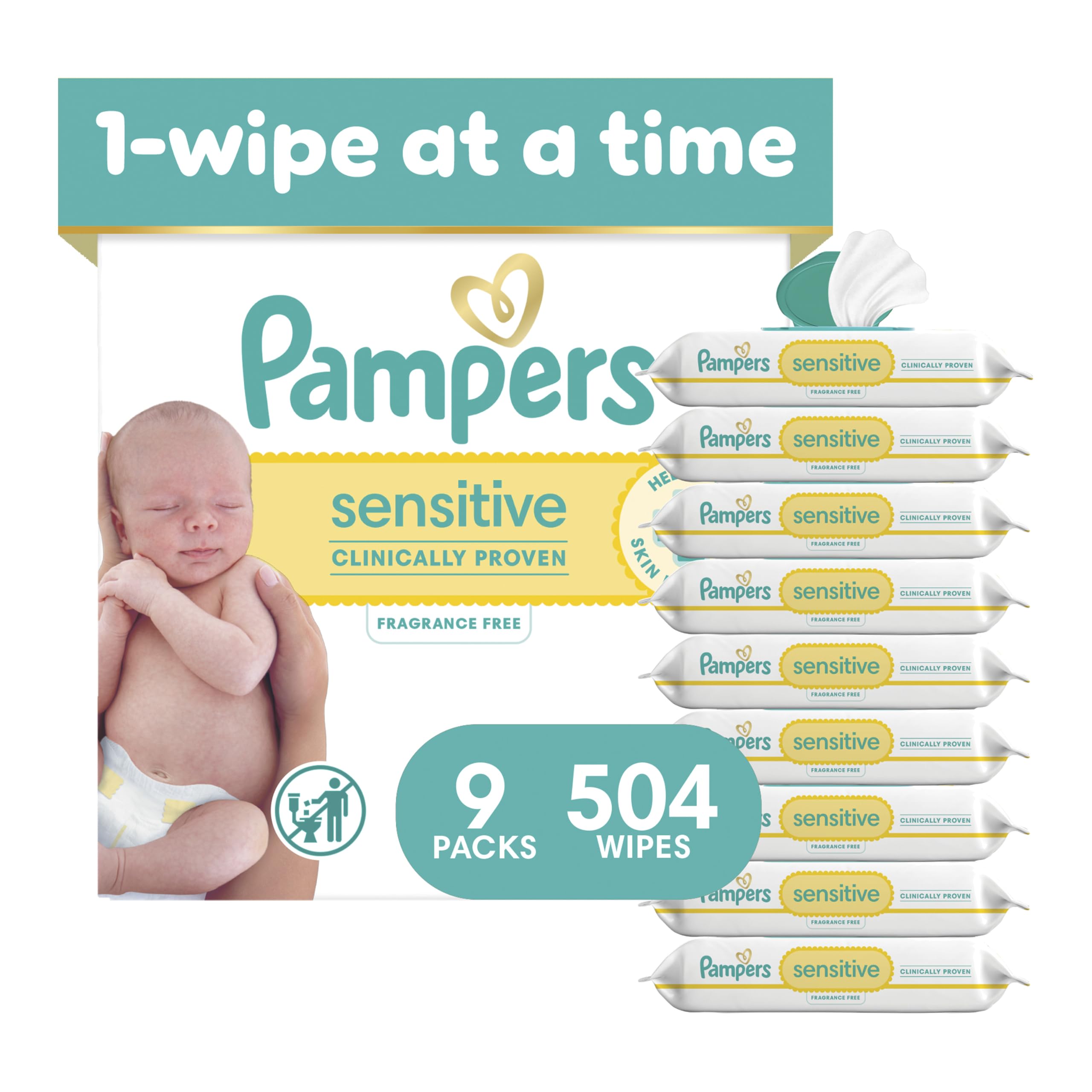Pampers Sensitive Baby Wipes, Clinically Proven, Fragrance Free, Unscented, Water Based, Hypoallergenic, Multi-Use, Hand Wipe