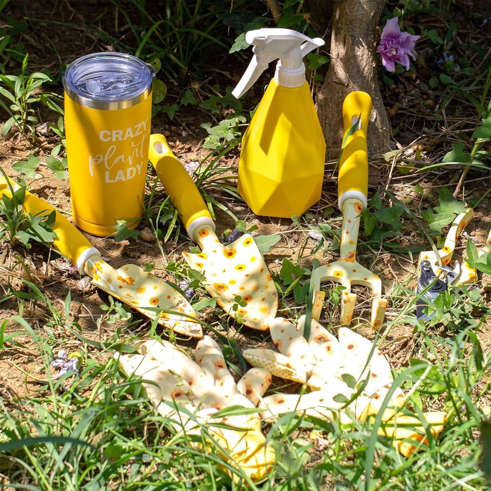 Attrezzi da Giardinaggio Manuali Robusti ed Ergonomici con Motivo Girasole | Kit con Rastrello Pala e Cesoie da Potatura Per Piantumare Diserbare Giardinieri Principianti Anziani e per Esterni