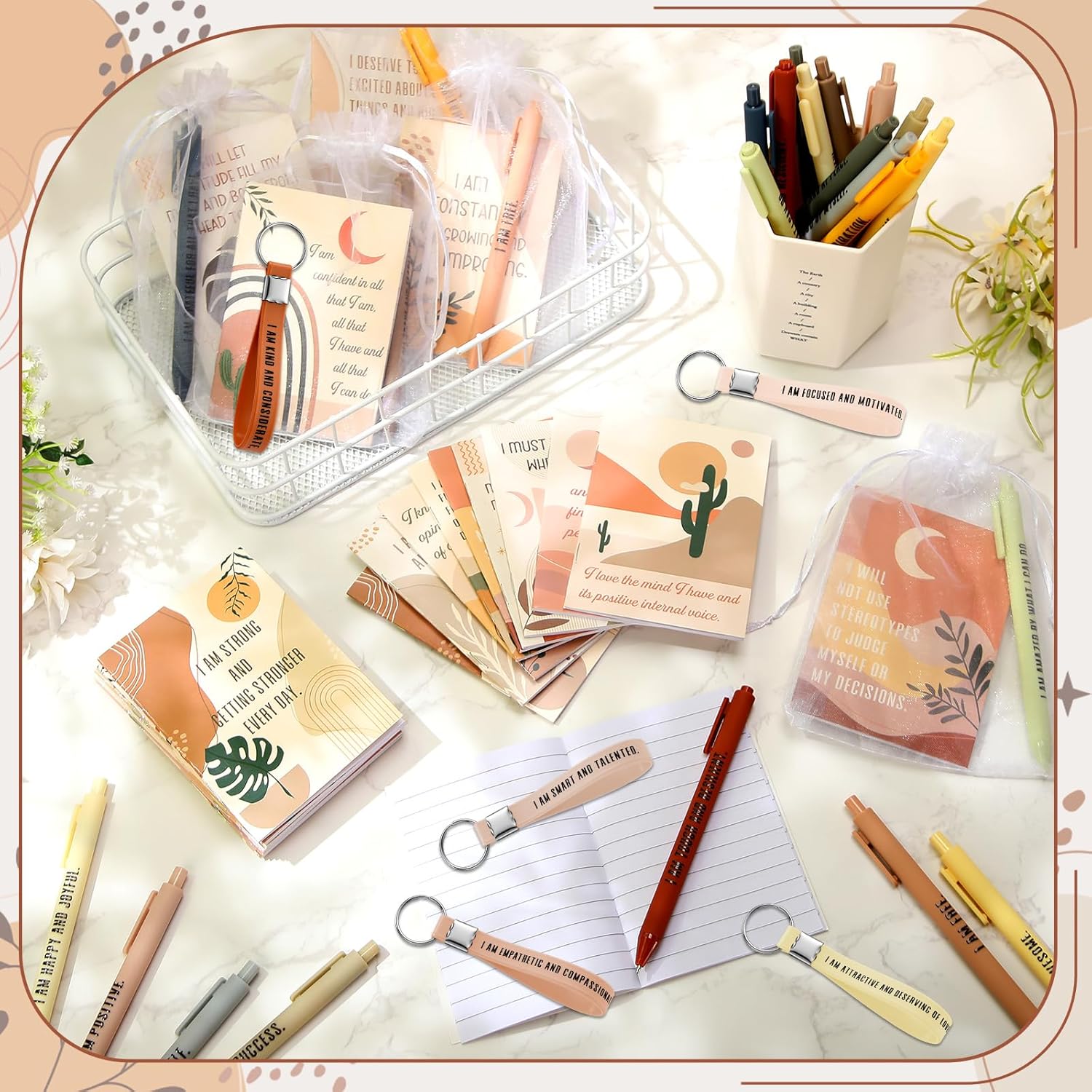 Mooliwe 72 Pcs/24 Set Positive Affirmation Gift Set Gratitude Notebooks with Affirmation Pens Keychains Small Bags Motivational Notepads for Women Coworkers Christmas Adult Party Favors(Boho) - Image 3