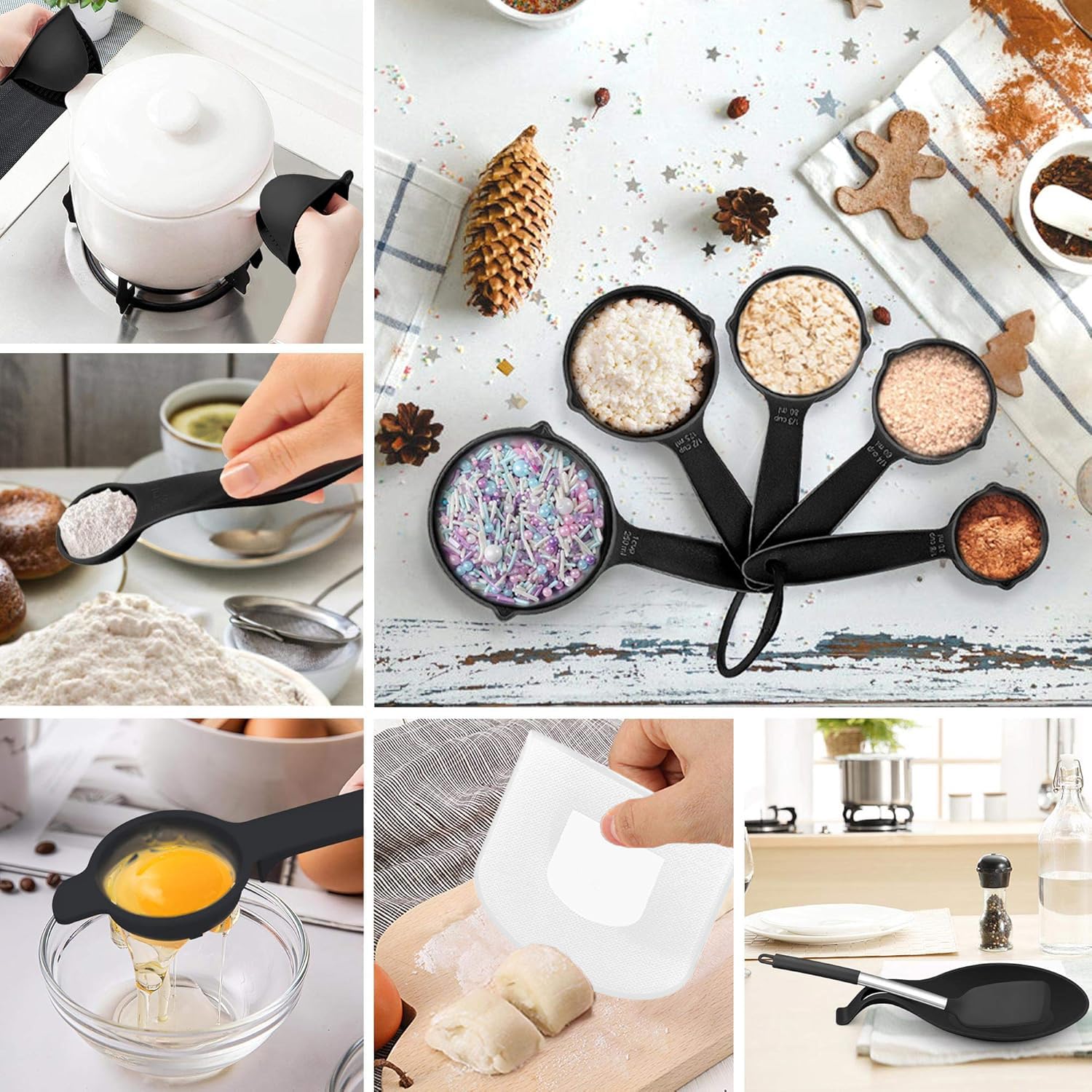 LIANYU Juego de 43 utensilios de cocina de silicona, juego de espátulas con soporte, resistentes al calor, utensilios de cocina antiadherentes, mango de acero inoxidable, color negro