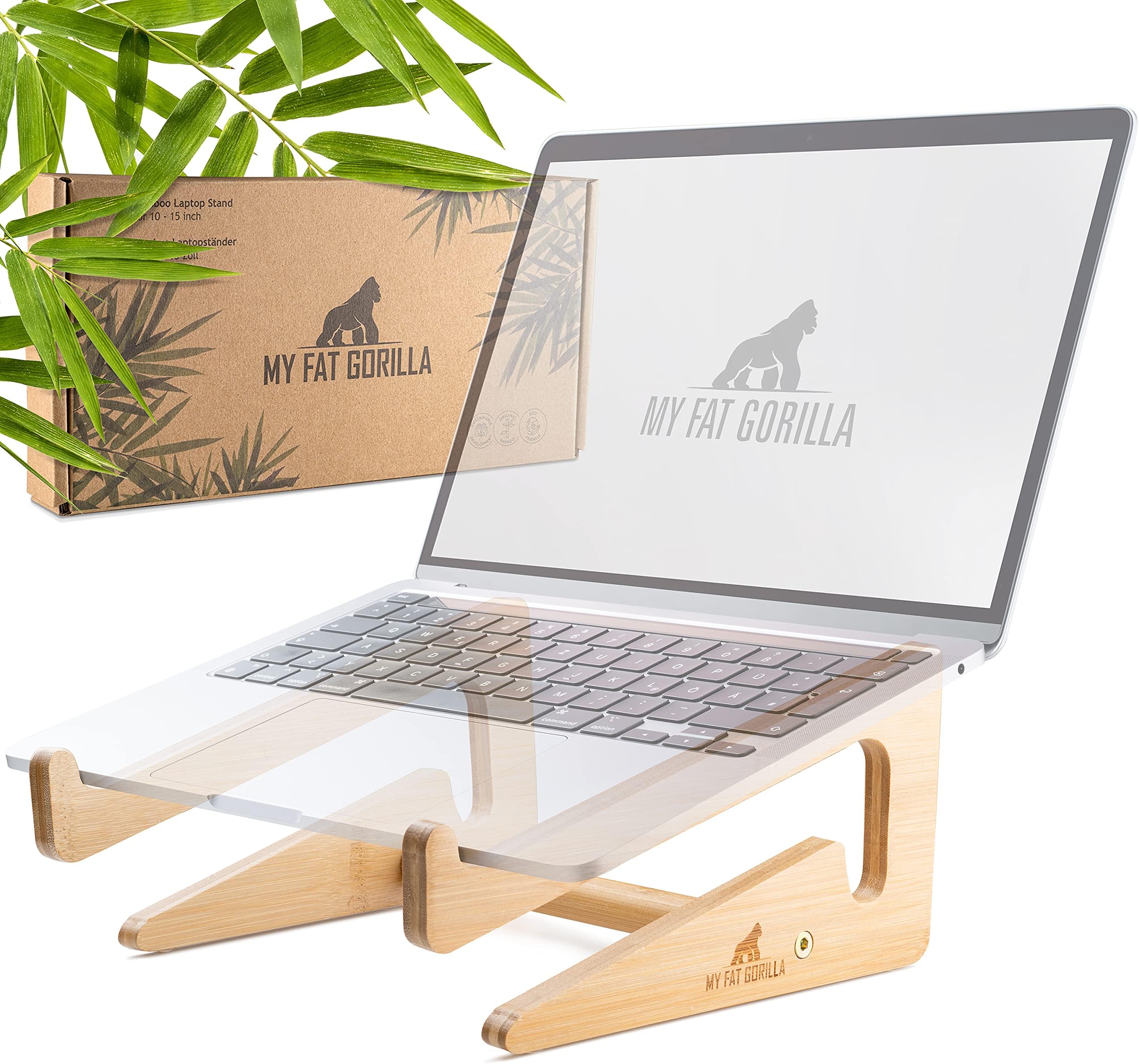 MY FAT GORILLA Bamboo Laptop Stand, Ergonomic Universal Holder for Notebook Raiser, Compatible for 10-15 Inches, Laptop Holder Desk, Vertical Laptop Stand (Bamboo)