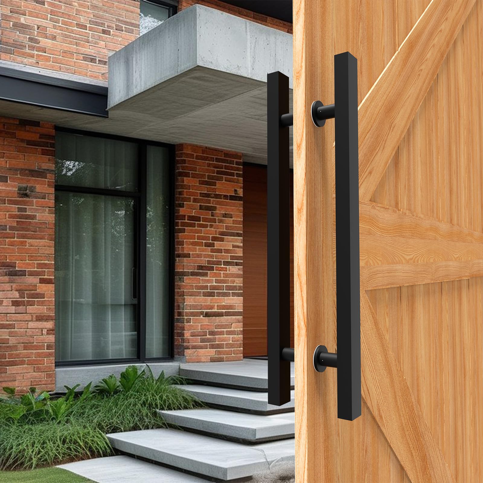 Matte Black Square Barn Door Handles 12"/24"/36"/48"/59'', Pull Push Long French Door Handle Double Sided, Large Front Exterior Shower Door Pull Handles