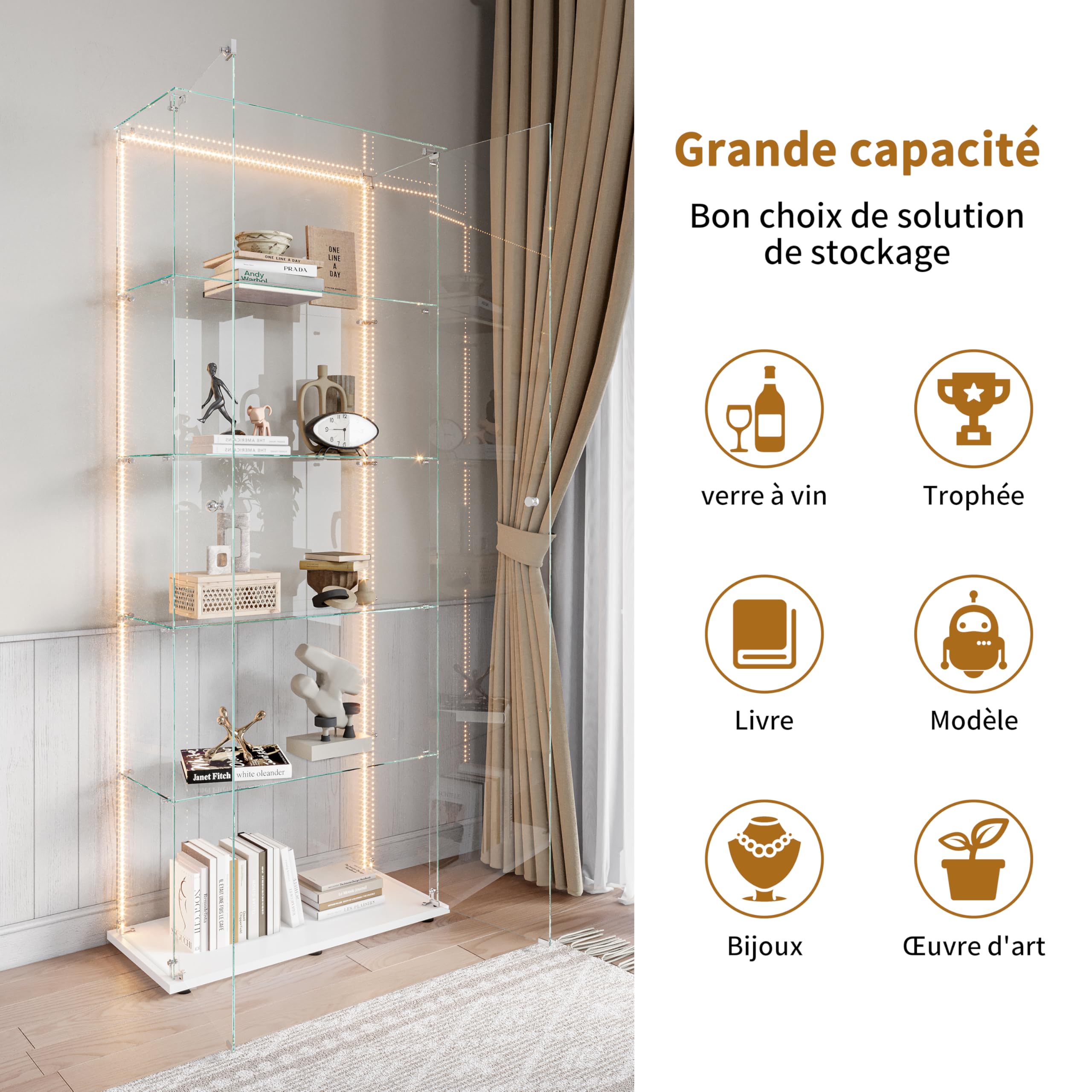 Vitrina de Cristal Expositor con LED y Cerradura, Vitrinas de pie de Cristal con 5 Estantes Ajustables y 2 Puertas, Armario Vitrina Moderne para Colección Armario de Pie de Cristal(Blanco,81x37x183)