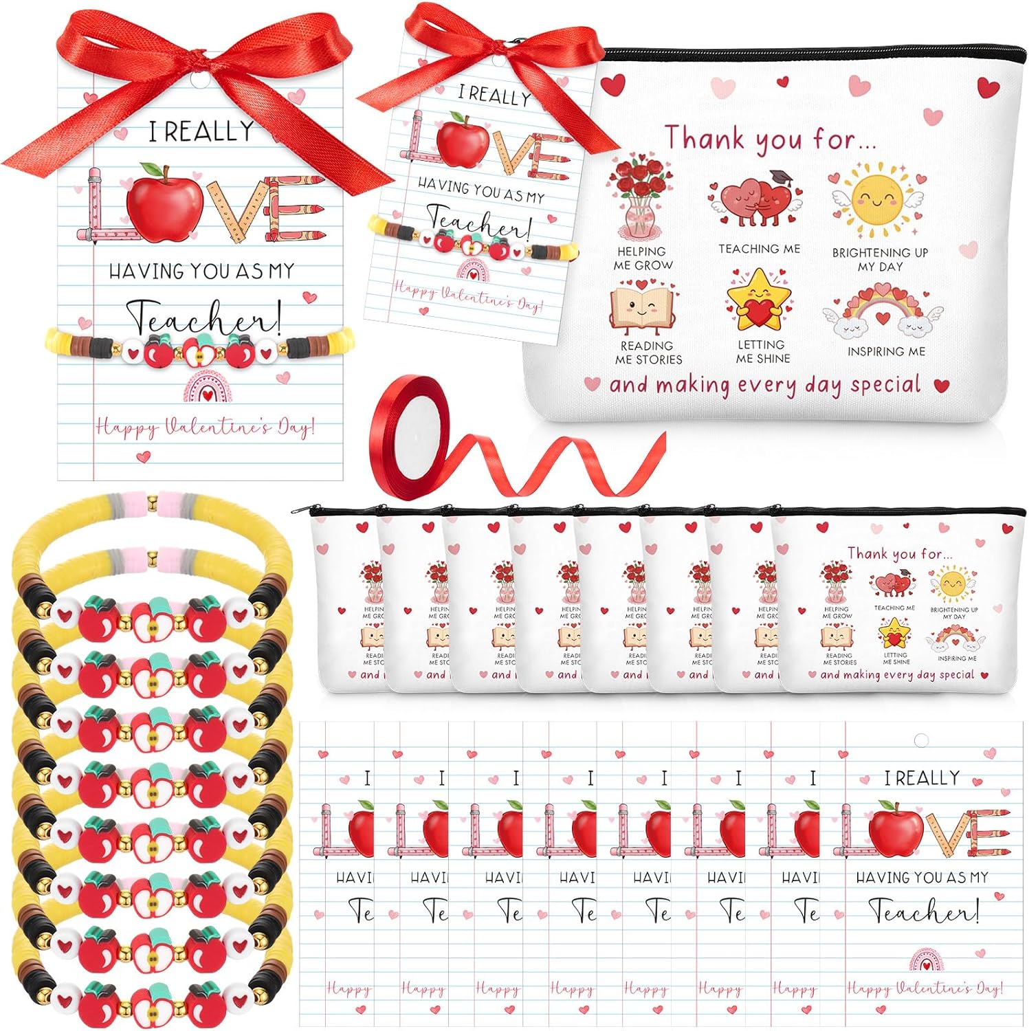 Roowest 8 Set Valentines Day Teacher Gifts Included Apple Pattern Bracelet Thank You Makeup Bag Valentines Day Cards with Ribbons Teacher Appreciation Gift for Women