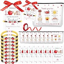 Roowest 8 Set Valentines Day Teacher Gifts Included Apple Pattern Bracelet Thank You Makeup Bag Valentines Day Cards with Ribbons Teacher Appreciation Gift for Women