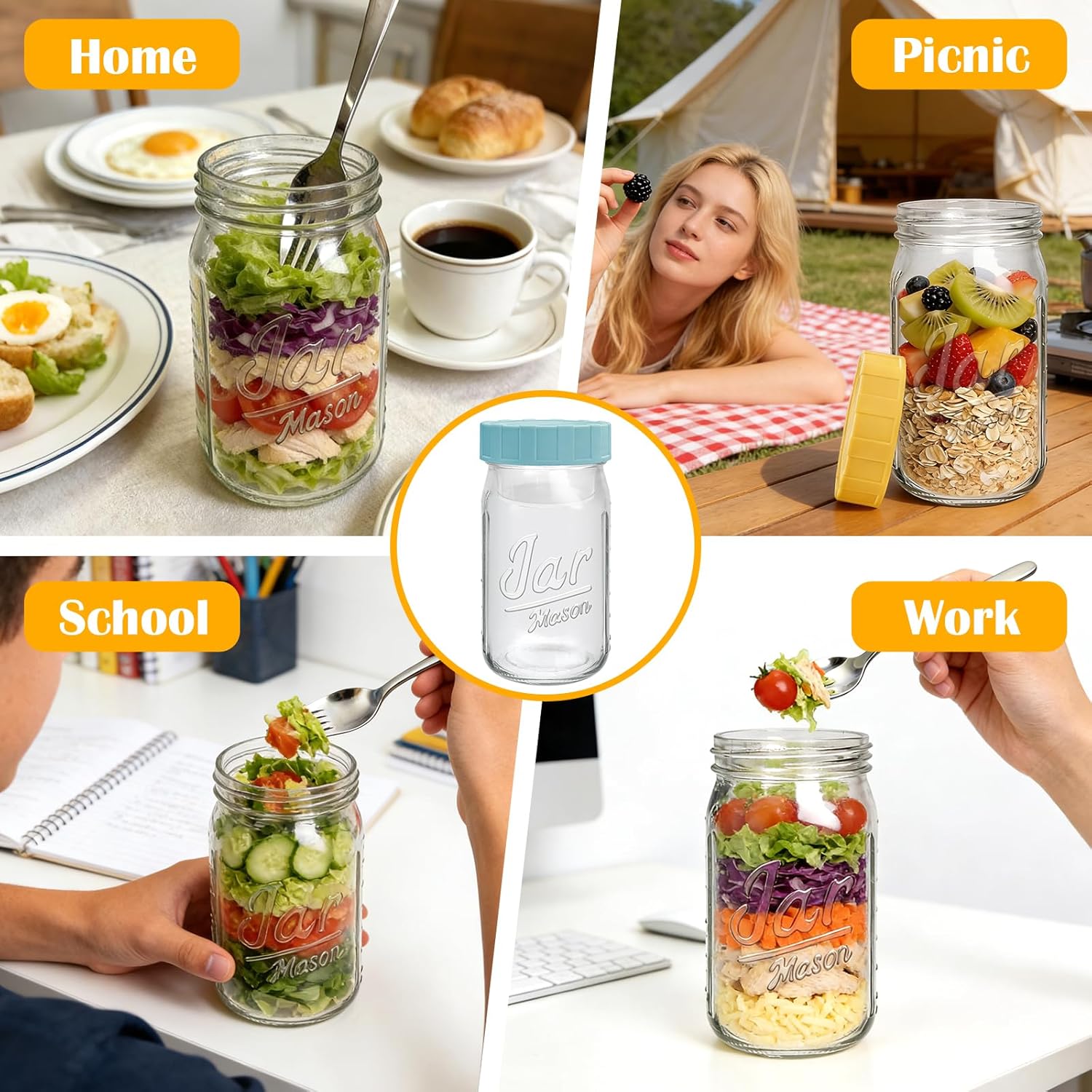 Accguan 32oz Glass Salad Jars with Lids Meal Prep, Leakproof Container Mason Jars for Lunch, Two Small Built-in Boxes with Wet/Dry Separation for salad Dressing and Dry Ingredients, salads Pod,12 Pack