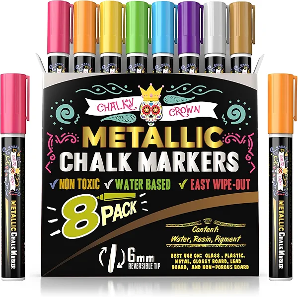 CHALKY CROWN Metallic Liquid Chalk Markers - 8 Pack with Reversible Bullet and Chisel Tips - Dust Free, Erasable, Non-Toxic - Ideal for Blackboards, Windows, and Glass - Writing Tools