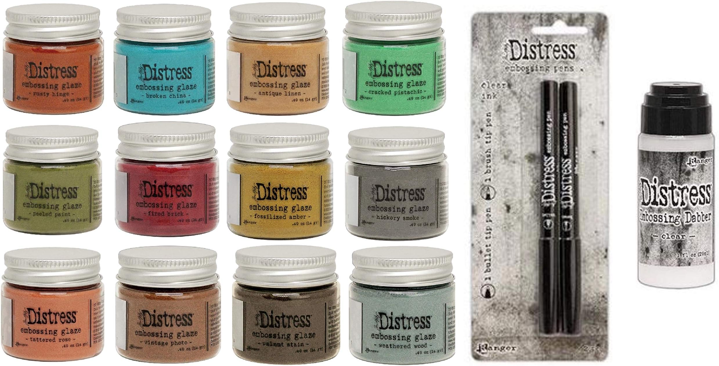 Tim Holtz Ranger Embossing Glazes Bundle of 12 Colors in 1 oz Jars, 2 Distress Embossing Pens, 1 Ounce Distress Embossing Dauber, Bundle of 14 Items