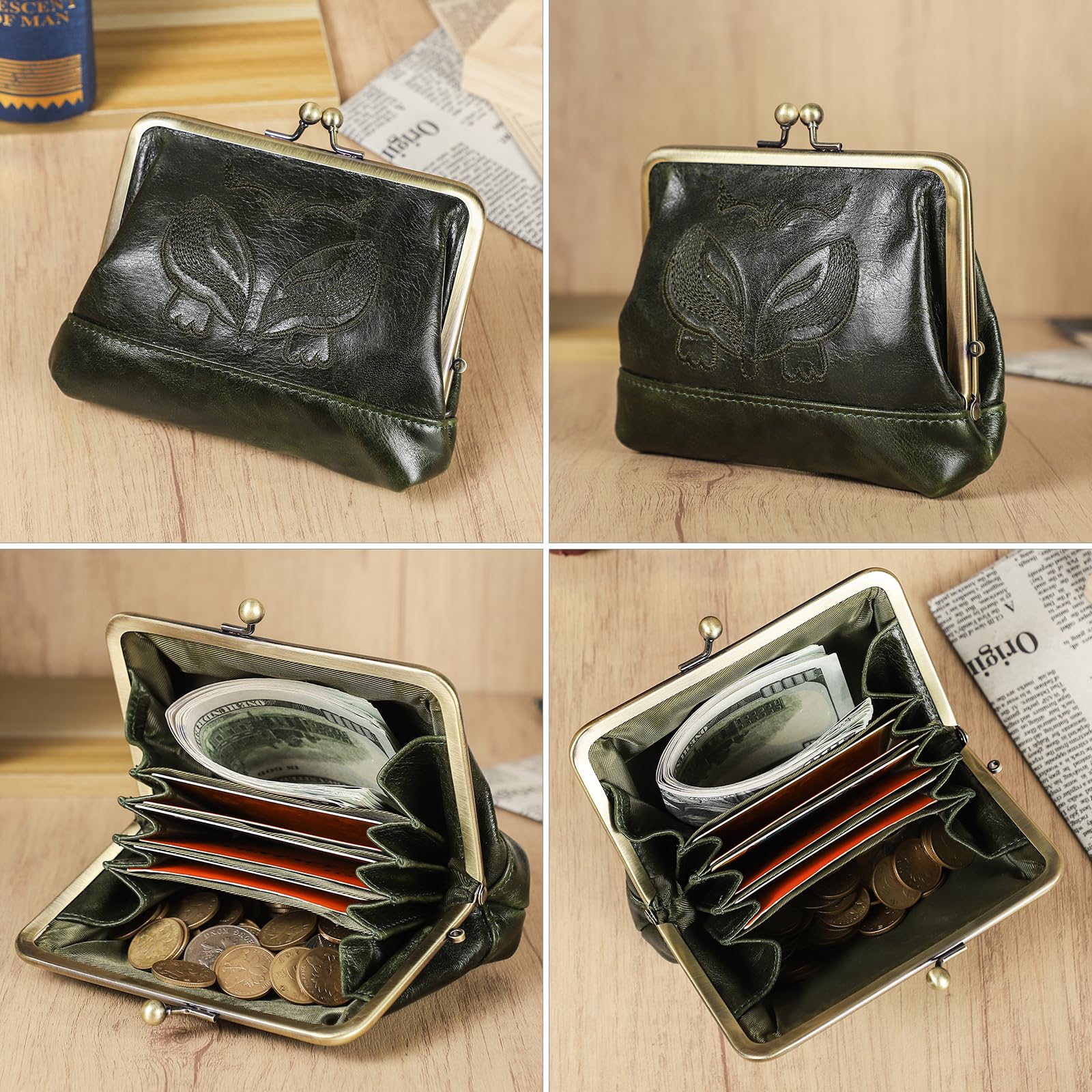 CONTACTS Cartera de beso con cierre de presión de cuero para mujeres Damas Vintage Porta tarjetas pequeño y lindo Monedero de cambio, verde oscuro, Estilo vintage