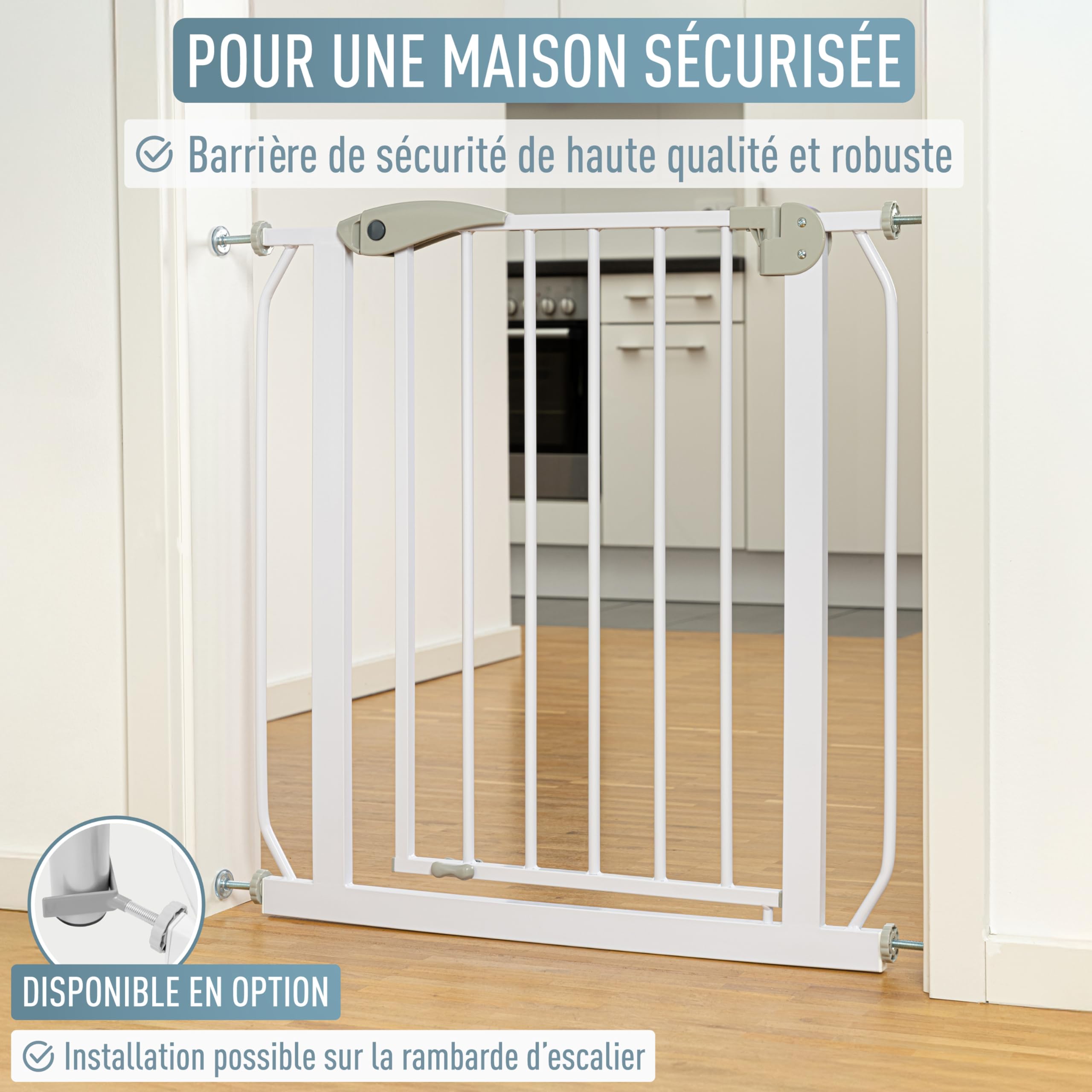 ib style Barrière de Sécurité Berrin XXL 85-185 - Passage Extra-Large, Installation Facile sans Perçage, Enfant Escalier, pour Enfants 6 a 24 Mois, 135-145 cm, Blanc