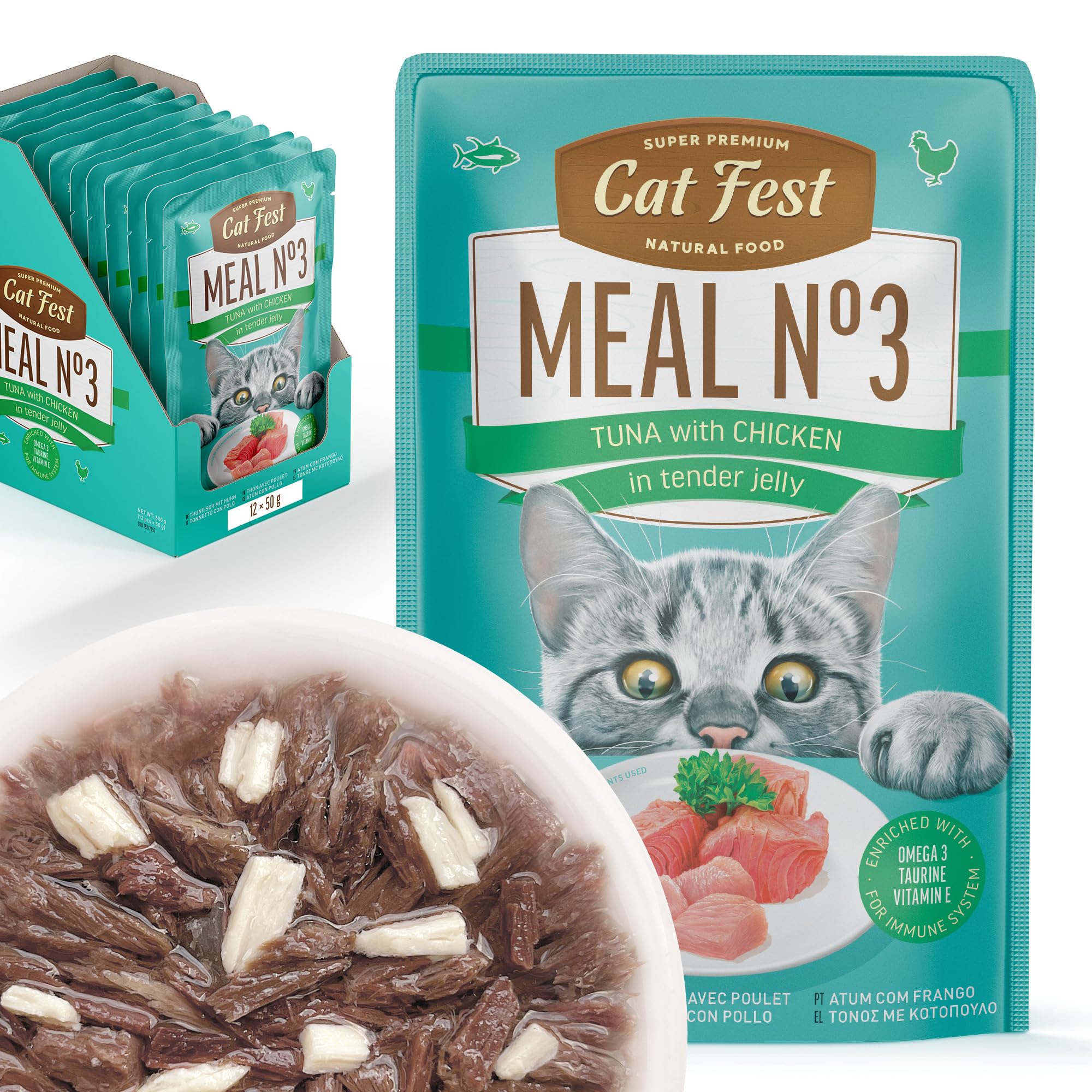 Cat Fest MEAL №3 Tuna with Chicken in Tender Jelly, 100% Natural Wet Cat Food Pouches, High Fish Content, Enriched with Taurine, Vitamin E & Fish Oil, 12 x 50g