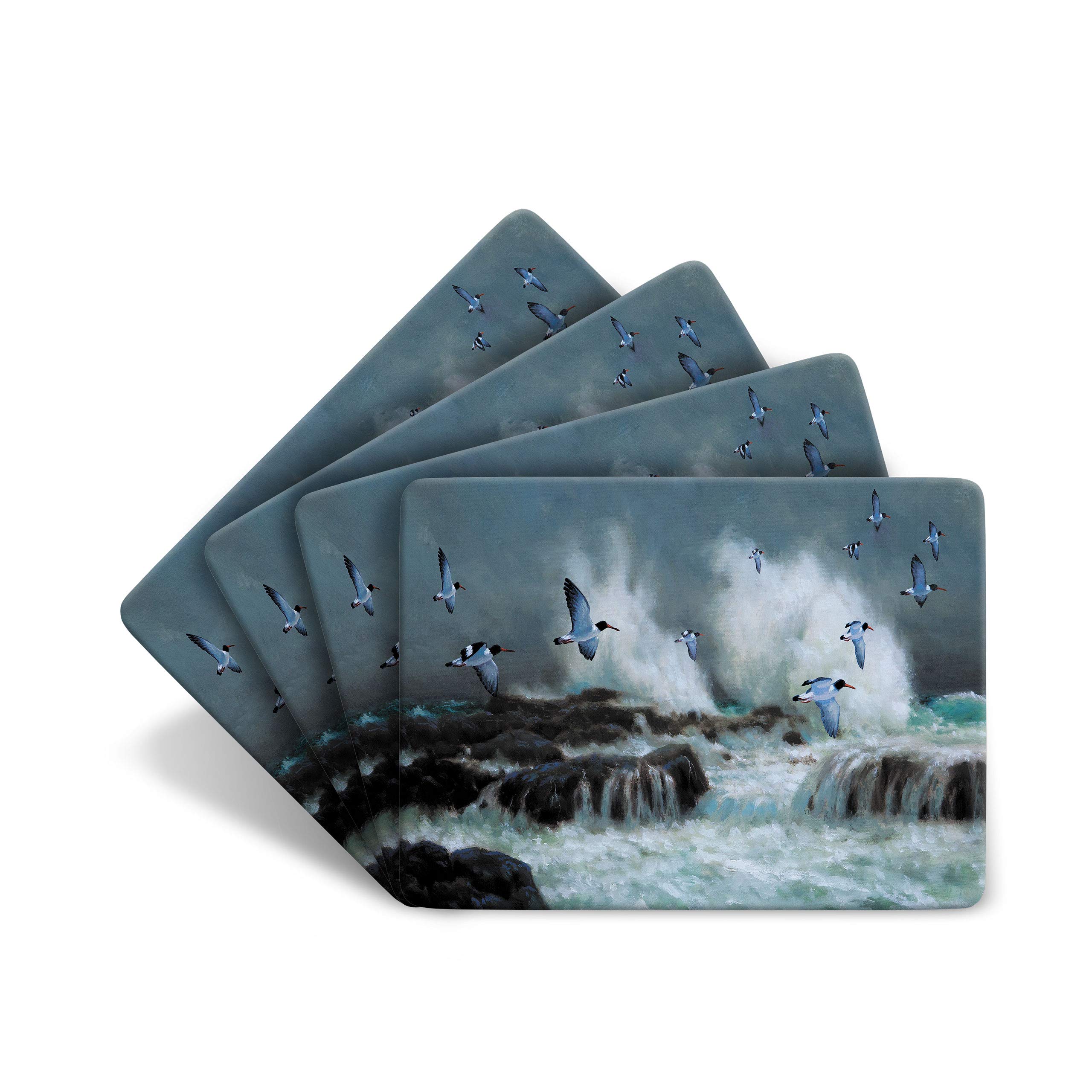 Julian Friers Black And White With The Dark Gray Sky And The Snow-White Foam Of The Waves. Oyster Catchers Large Table Mats By Wildlife Artist Set Of 4 - Non-Slip - Cork-Backed Placemat Set