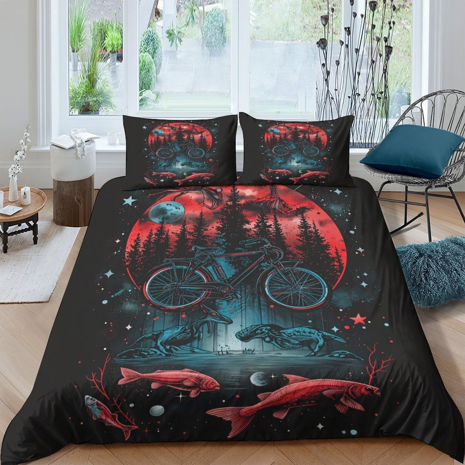 GPLZQXKJNH 3D Printed Red Moon Forest Duvet Cover Microfiber Soft Breathable Fish Bedding Set with 2 Pillowcases for Bedroom Decor Single（135x200cm）