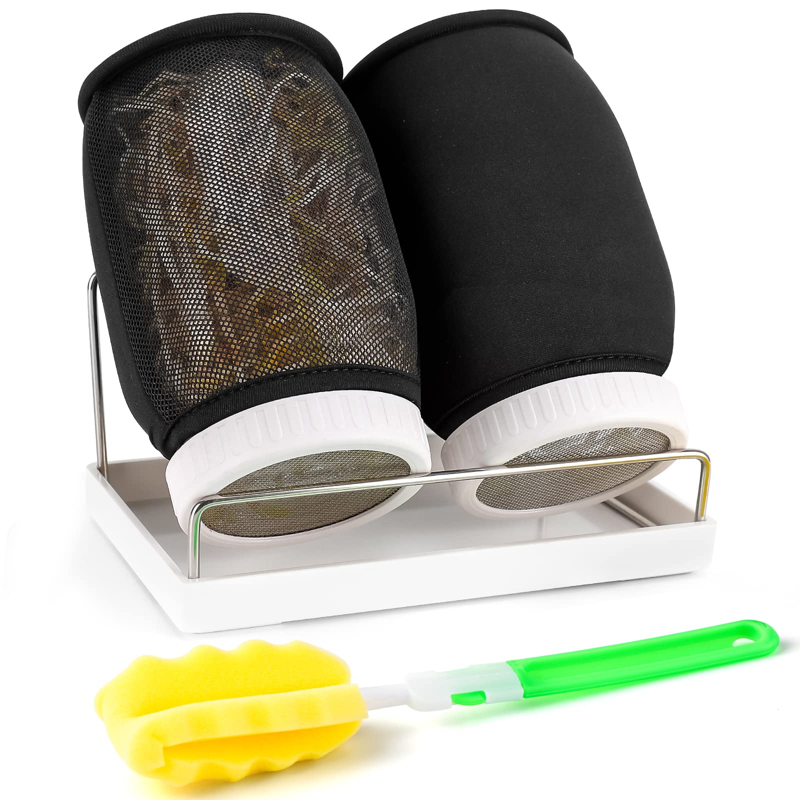 AuspokSprouting Jar Kit, 2 Wide Mouth Mason Jars, Premium Stainless Steel Screen Sprout Lids, Blackout Sleeves, Tray, Stand & Canning Brush, Sprouting Kit for Growing Broccoli,Alfalfa,Mung Bea(White)