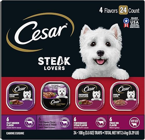 Miniatura 1 de Cesar - Comida húmeda y blanda para perros adultos en un paquete variado para los amantes de los filetes con carne real, 3.5 onzas en 24 bandejas