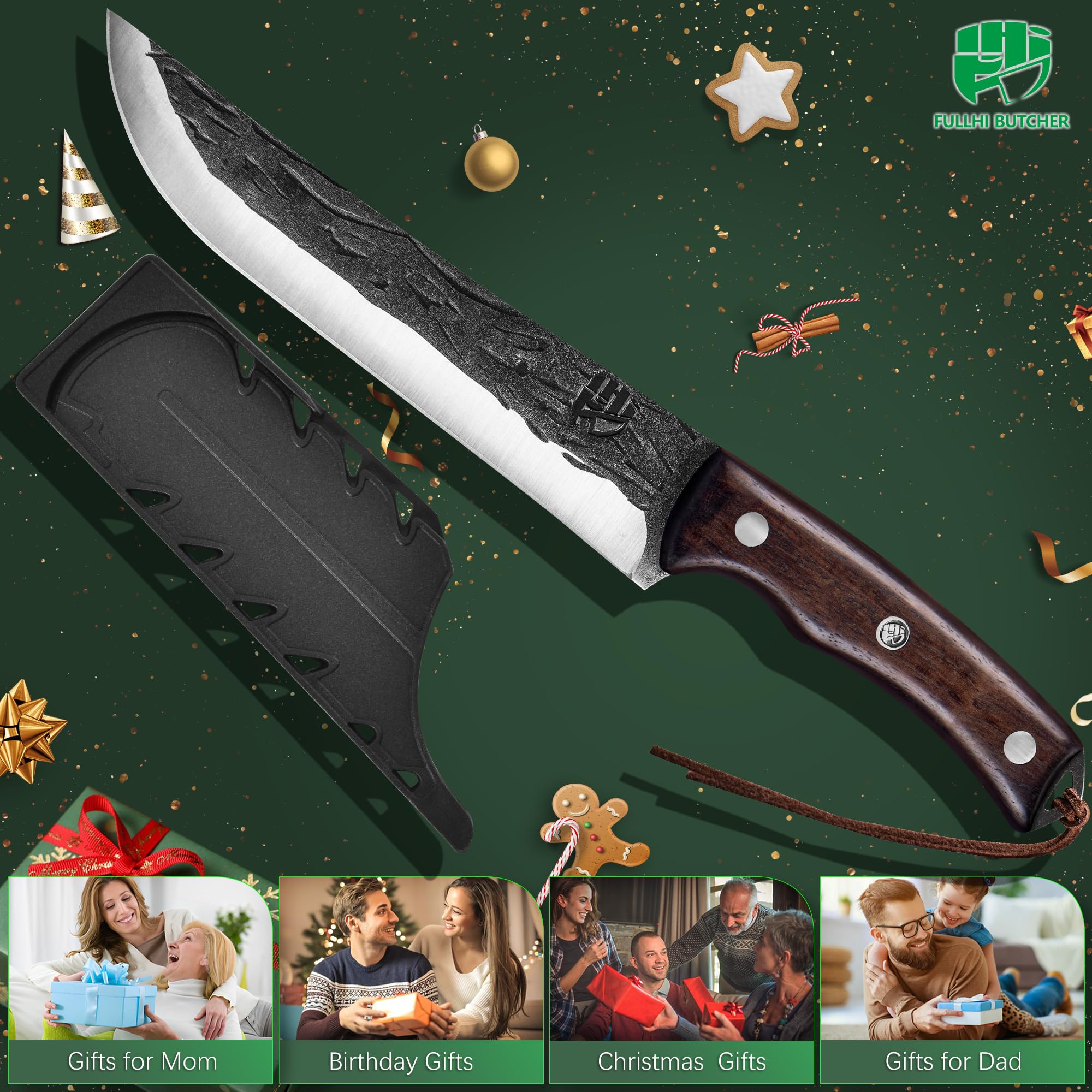 FULLHI Cuchillo deshuesador con funda,Cuchillo de cocina Full Tang,Cuchillo de acero al carbono para trinchar y deshuesar,Cuchillo de pesca para casa,Camping Barbacoa (Marrón, 17cm)