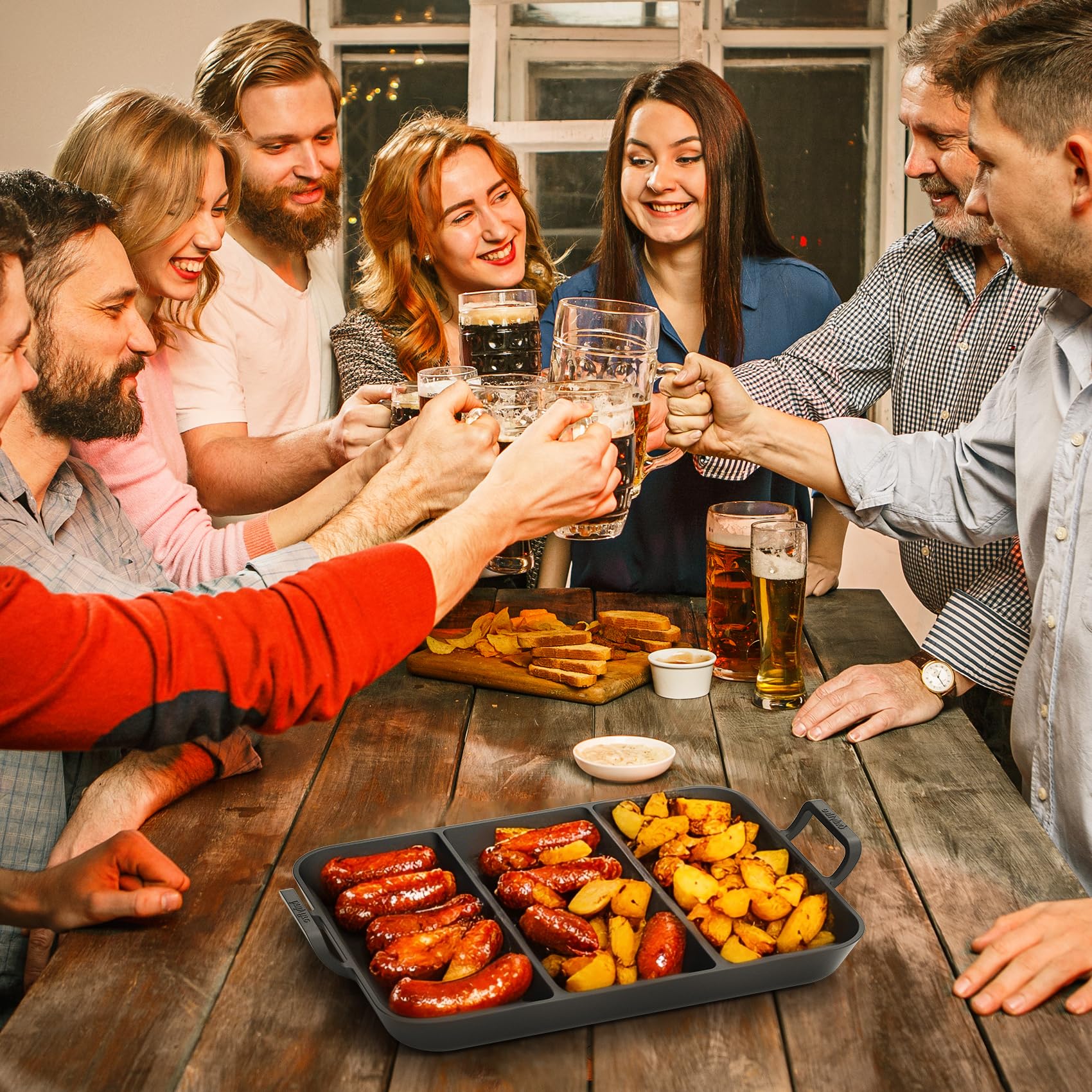 Onlyfire Gusseisenpfanne mit Griff, Gusseisen Grillplatte mit 3 Grillzonen, rechteckige Grillpfanne zum Kochen von Gemüse, Speck, Würstchen, Steak, Brot backen, Geeignet für Grill, Backofen, Herd