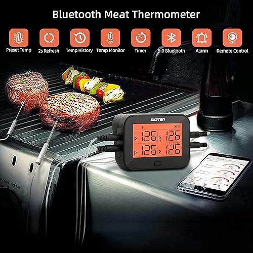 Miniatura 3 de DIGITEN Termómetro Bluetooth para asar a la parrilla, termómetro inalámbrico para carne, con 4 sondas, termómetro para ahumar, termómetro de lectura