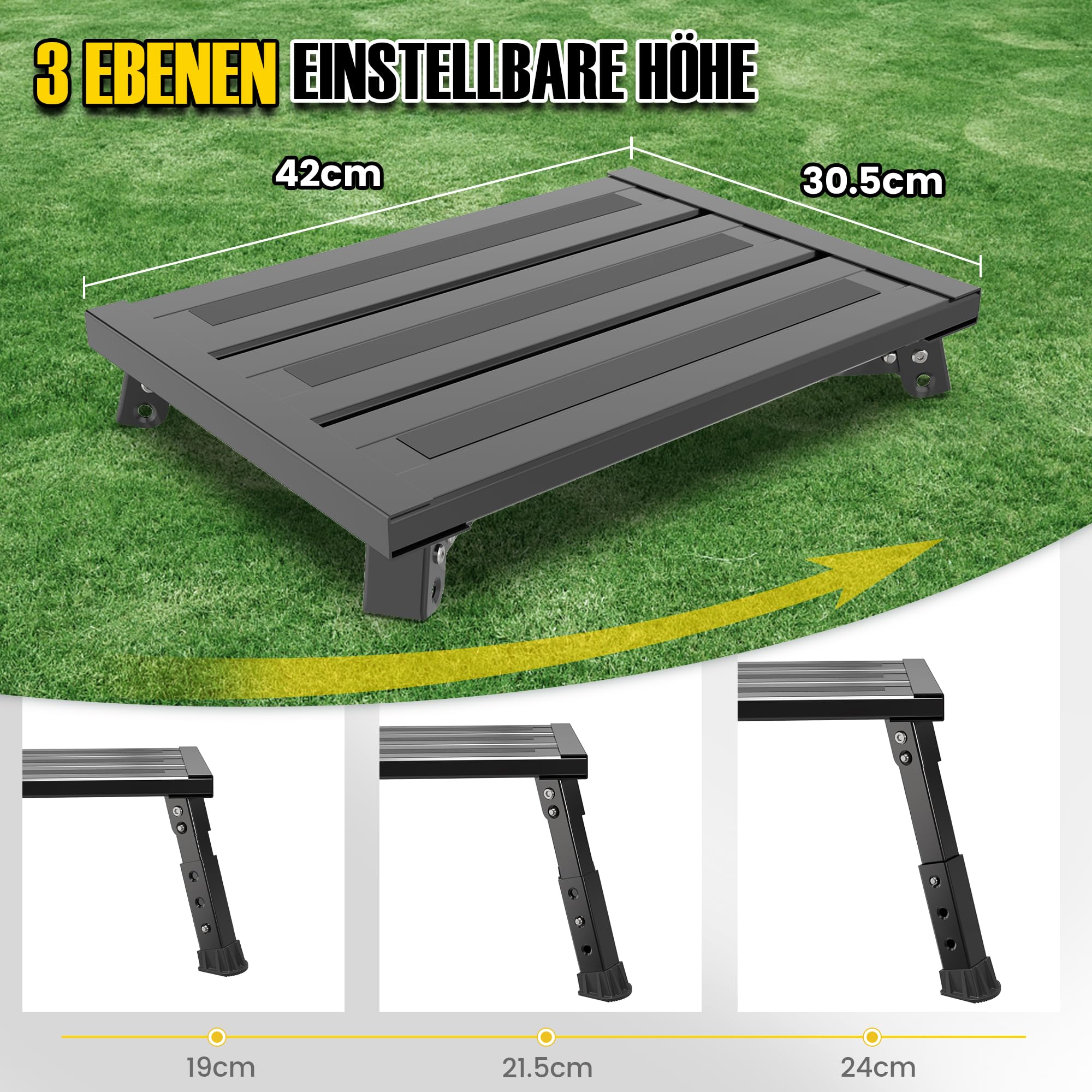 Escalón plegable de aluminio, soporta 300 kg, taburete de altura ajustable en 3 niveles, amplia superficie antideslizante, para caravanas, jardín y escaleras de perros, ligero y plegable (negro