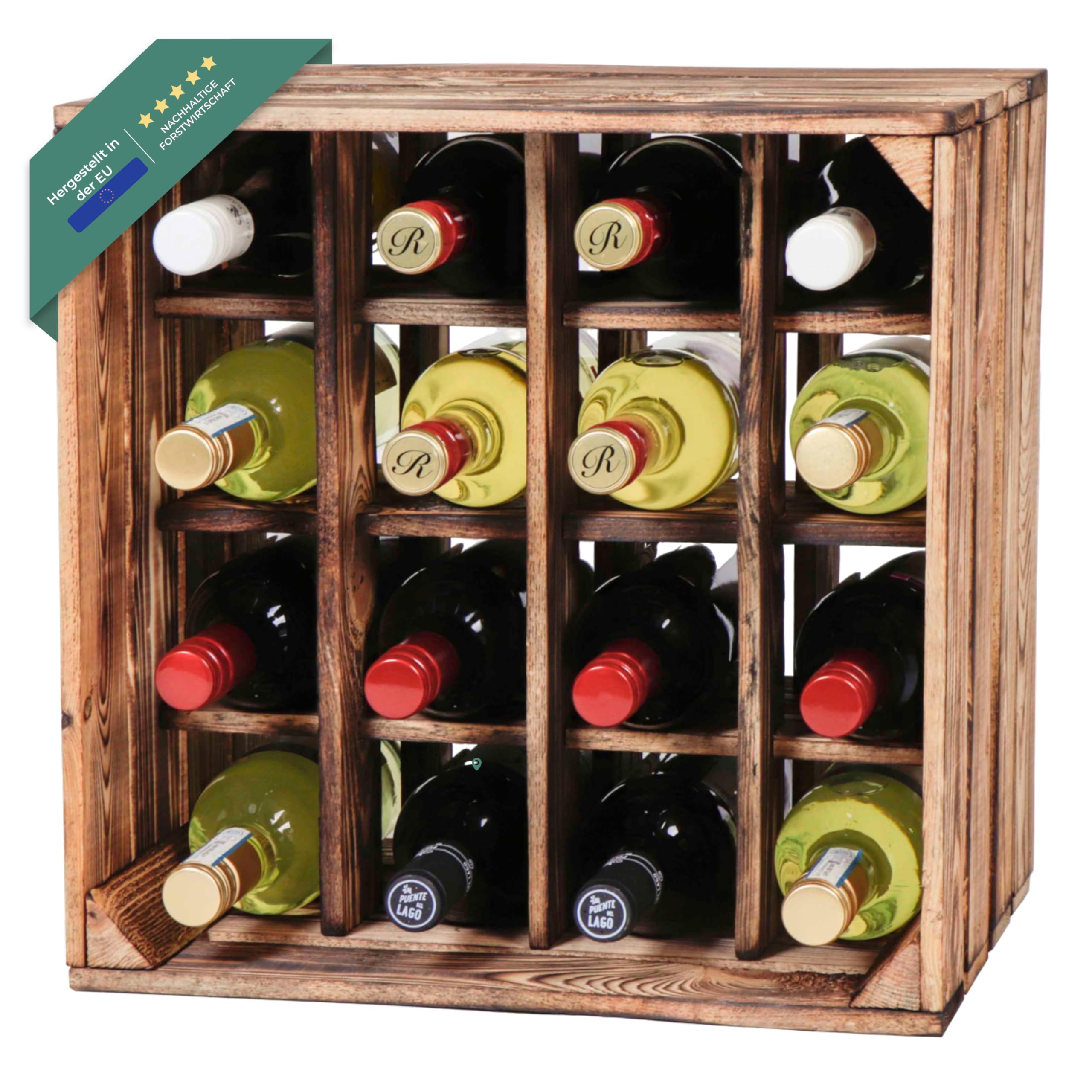 LAUBLUST Grand casier à vin Vintage - env. 40x40x29cm, Bois flammé - Casier à Bouteilles 16 Compartiments | Stockage et décoration du vin