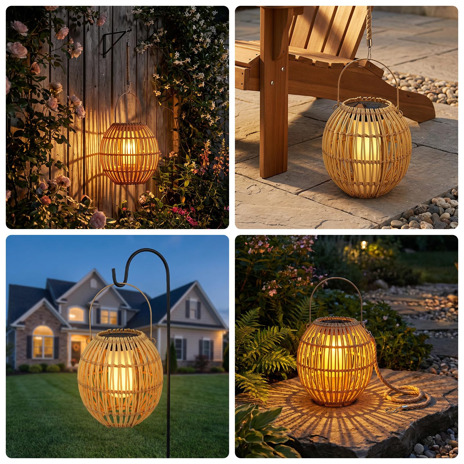 Lampes solaires d'extérieur en bambou tissé à suspendre pour l'extérieur, lanterne solaire à suspendre avec poignée en fer et chaîne en corde de chanvre, lampes solaires de jardin pour cour, balcon