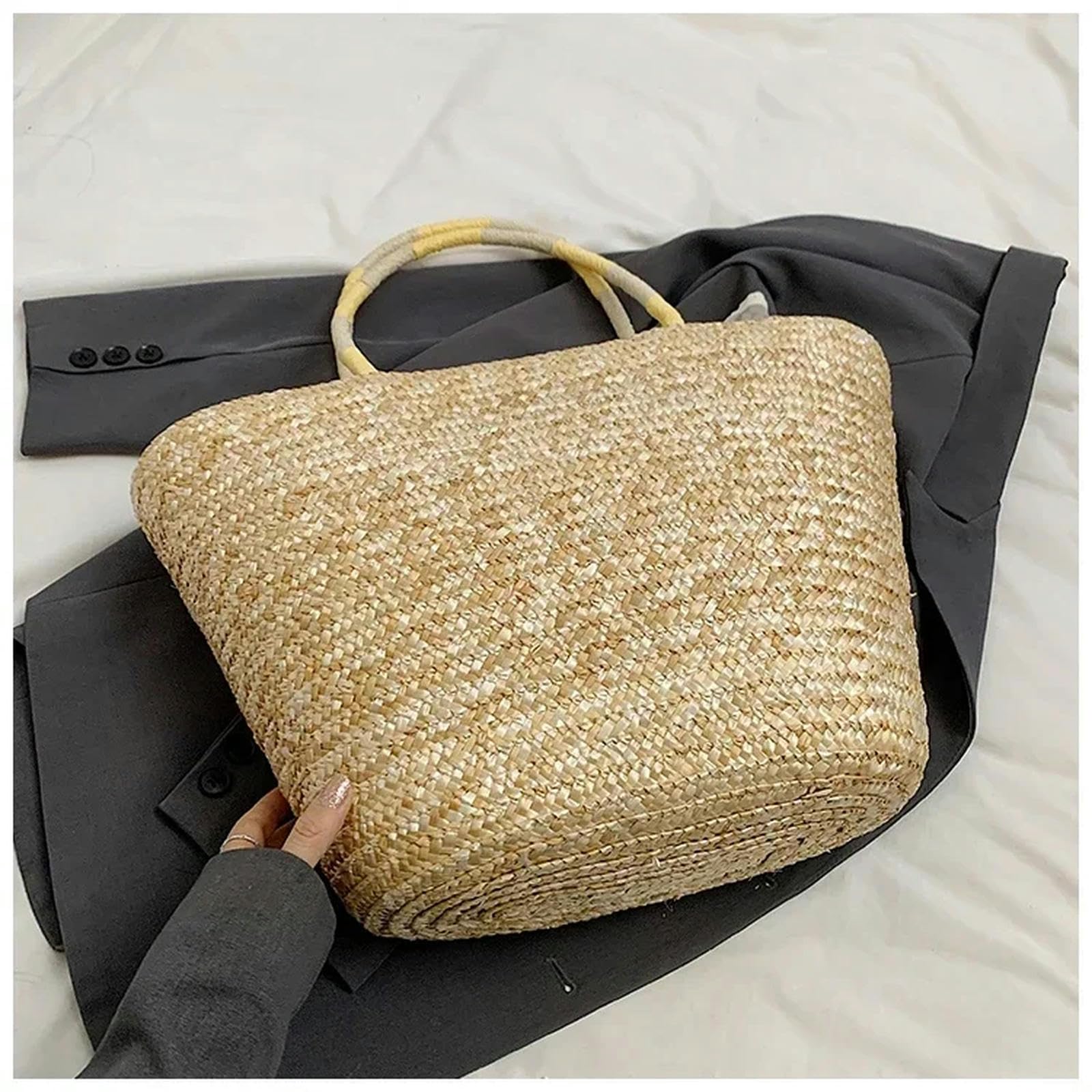 Borsa Paglia Sacca da Donna Estiva Grande Borsa Ricamata A Paglia con Borsetta da Donna in Prua in Pizzo-Beige