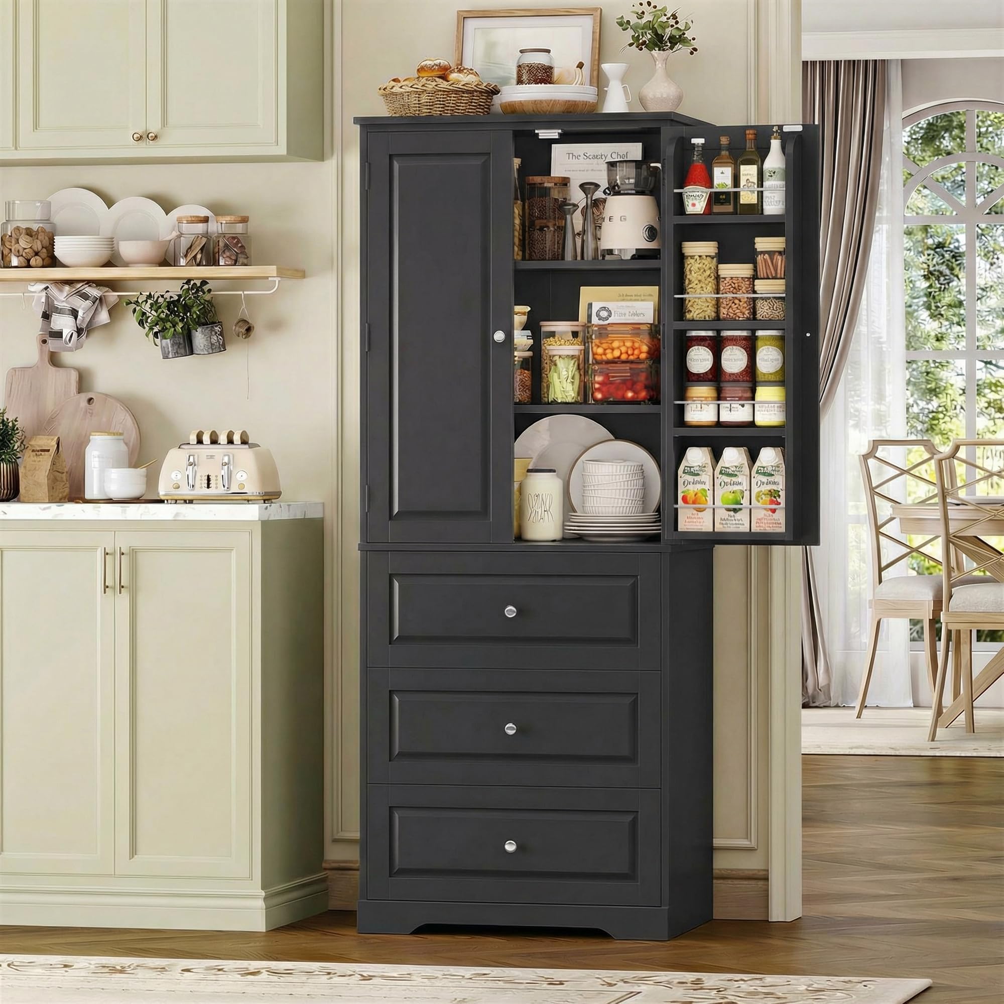 FOREHILL Küchenschrank Vorratsschrank Buffetschrank mit 3 Schubladen, 8 Türregalen und 2 Türen, Mehrzweckschrank für Küche, Esszimmer, Badezimmer und Wohnzimmer, 60x40x150cm, Schwarz
