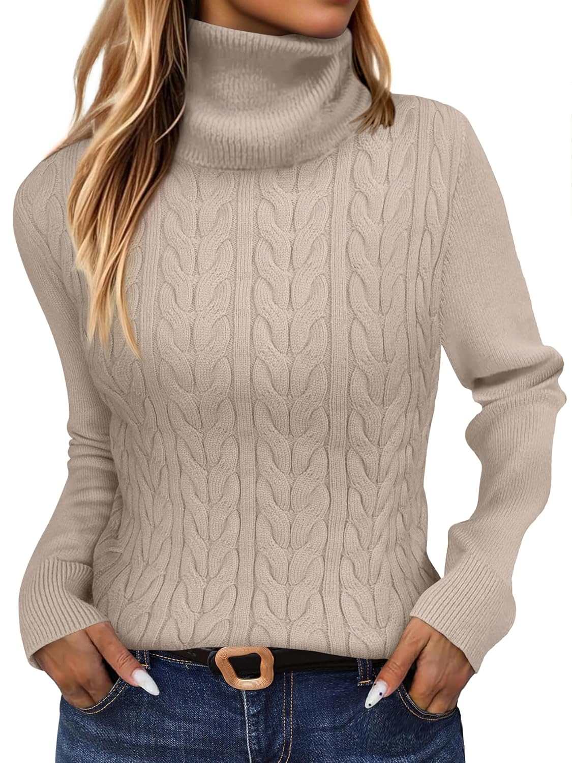 ANRABESS Womens Turtleneck Cable Knit Sweaters Long Sleeve Fitted Business Casual Pullover Top 2025 Fall Outfits