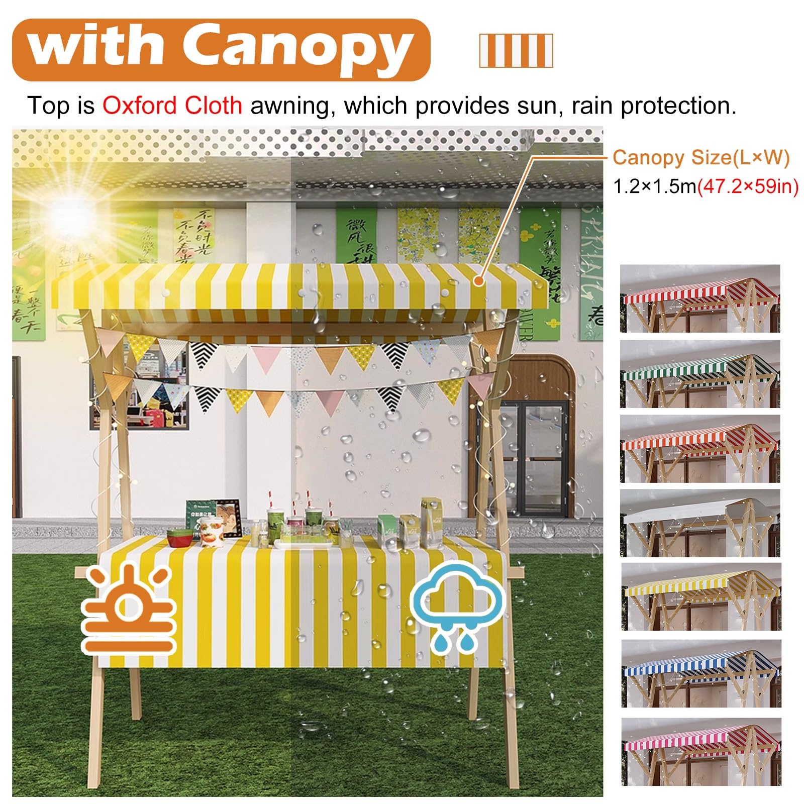 Foldable Market Stalls Display Stand with Canopy, Wooden Business Food Vendor Cart 6 Feet Tall for Street Sale Booth/Craft Show/Festivals Party Decoration(White,Wide 47.2in)