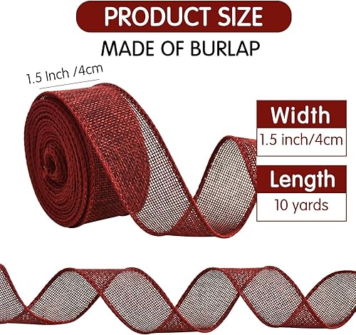 Miniatura 2 de TONIFUL Cinta de arpillera con alambre, cintas de arpillera sintética de 1-12 pulgadas, cinta de arpillera claret para Navidad, decoración del