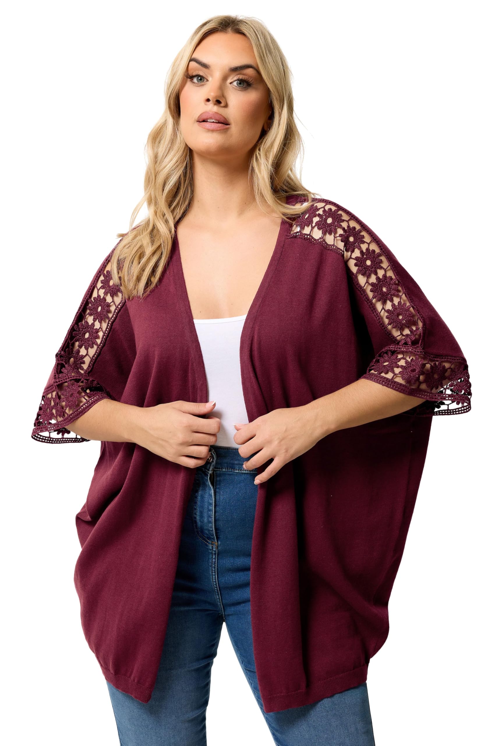 Yours - Women's Kimono - Crochet Sleeve - Size 22-24 - Burgundy