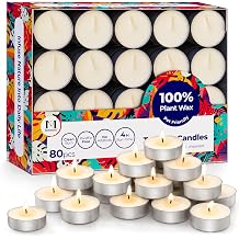 Tea Lights Candles 80 Pack, 4 Hour Palm Wax White Tealight Candle Bulk for Home, Natural Unscented Small Votive for Wax warmer, Smokeless and Dripless Tea Light for Wedding, Shabbat, Emergency