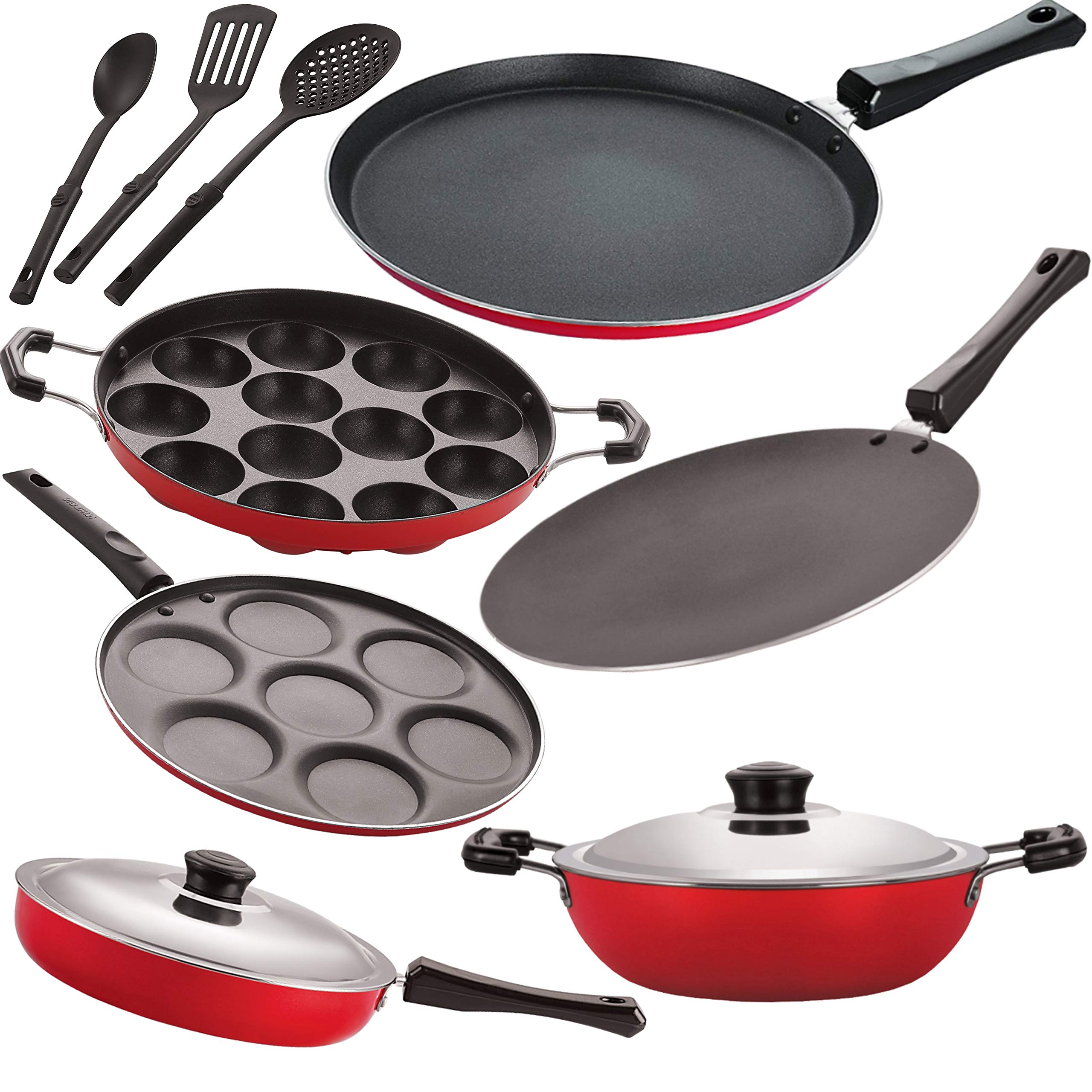 Nirlon Non-Stick Aluminium Gas Compatible Cookware Kitchen Utensils Combo Gift Set Offer - 9 Pieces, 2.6mm_FT13_CT_DKDB_APPAM_UP_FP12_3SPN