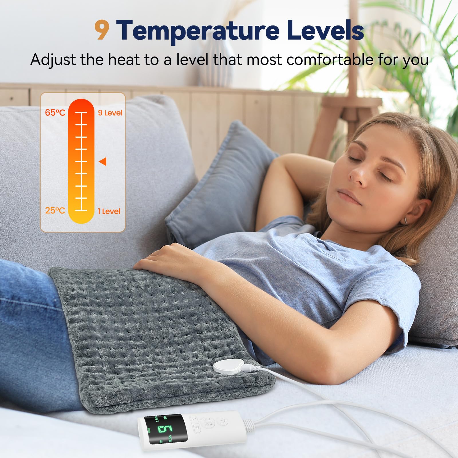 Termoforo Elettrico – per Addome, Schiena, Spalle, 9 Livelli Di Temperatura, 4 Timer, Spegnimento Automatico, Cuscino Riscaldante Lavabile in Lavatrice Termoforo, Regalo di Natale– Grigio (60x30 cm)