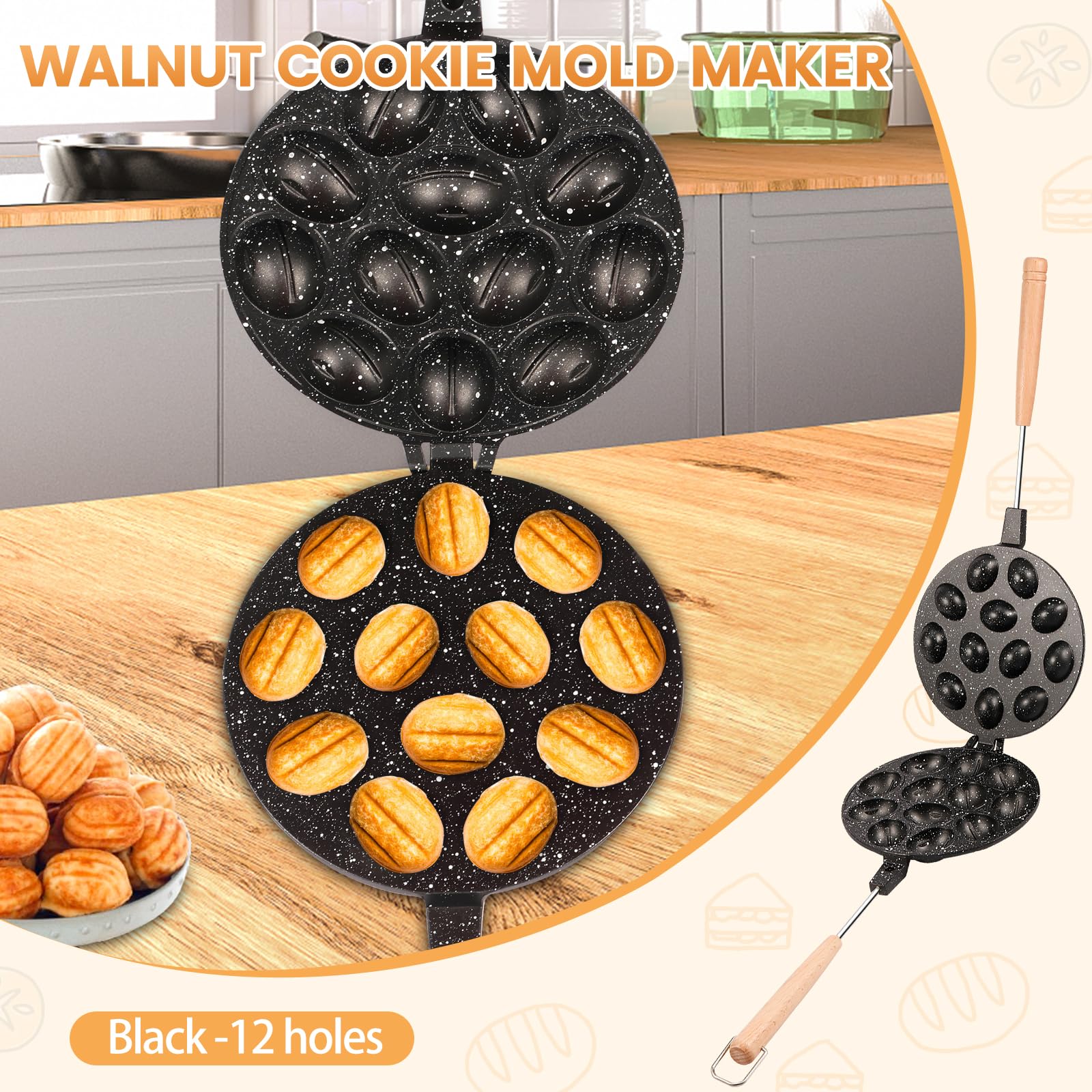 FALESOUL Walnut Cookie Mold Maker 12, Oreshki Mold Maker, Walnut Cookie Maker Oreshek, Nutty Maker, Metal Nut Cookies Maker, Easy to Clean Oven Cookies Makers for Baking Dessert (Black)
