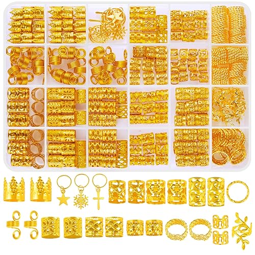 Dejiovey 238 piezas de joyería para el cabello trenzas, accesorios dorados para el cabello, accesorios para rastas, clips de joyería Loc, puños