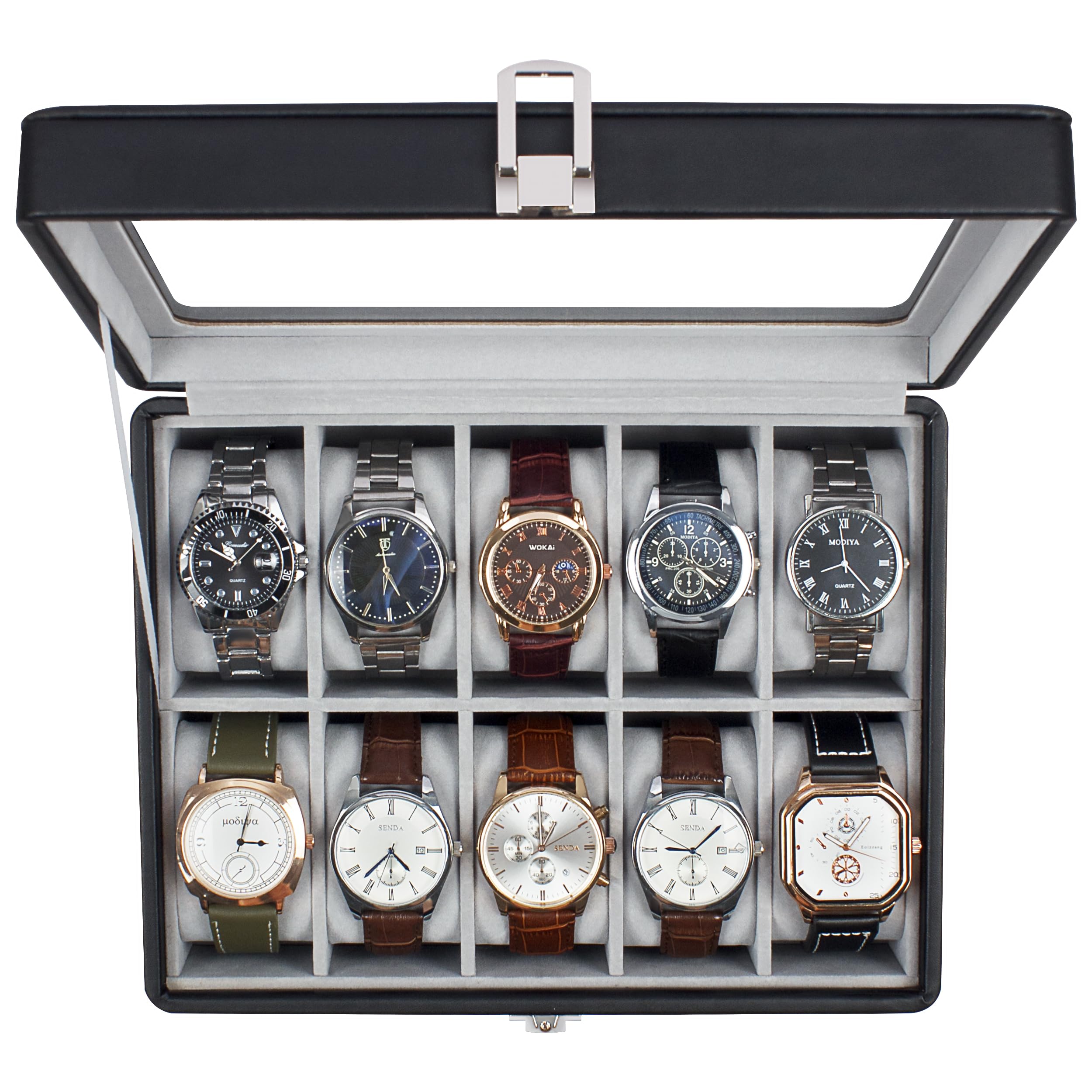 KILHS Uhrenbox mit 10 Fächern, Uhrenkasten mit Glasdeckel, Watch Box mit herausnehmbarer Unterlage, Metallverschluss, Geschenk, Schwarzes Kunstleder, Graues Innenfutter