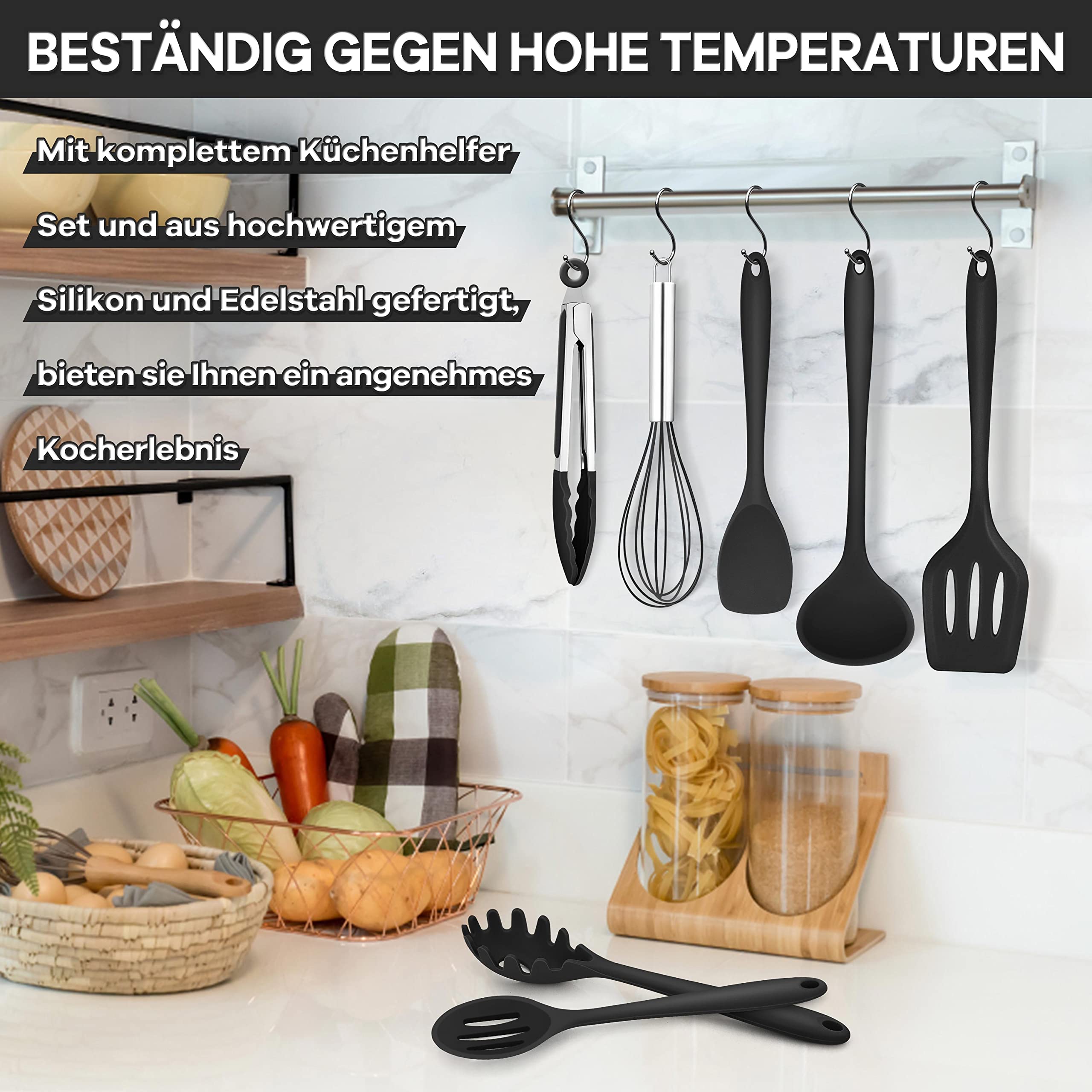 Homikit Küchenhelfer Set, 7 Stück Schwarz Silikon Küchenutensilien Kochbesteck Set, Antihaft Hitzebeständiger Kochutensilien mit Pfannenwender zum Kochen, Backen, Gesund/Spülmaschinenfest