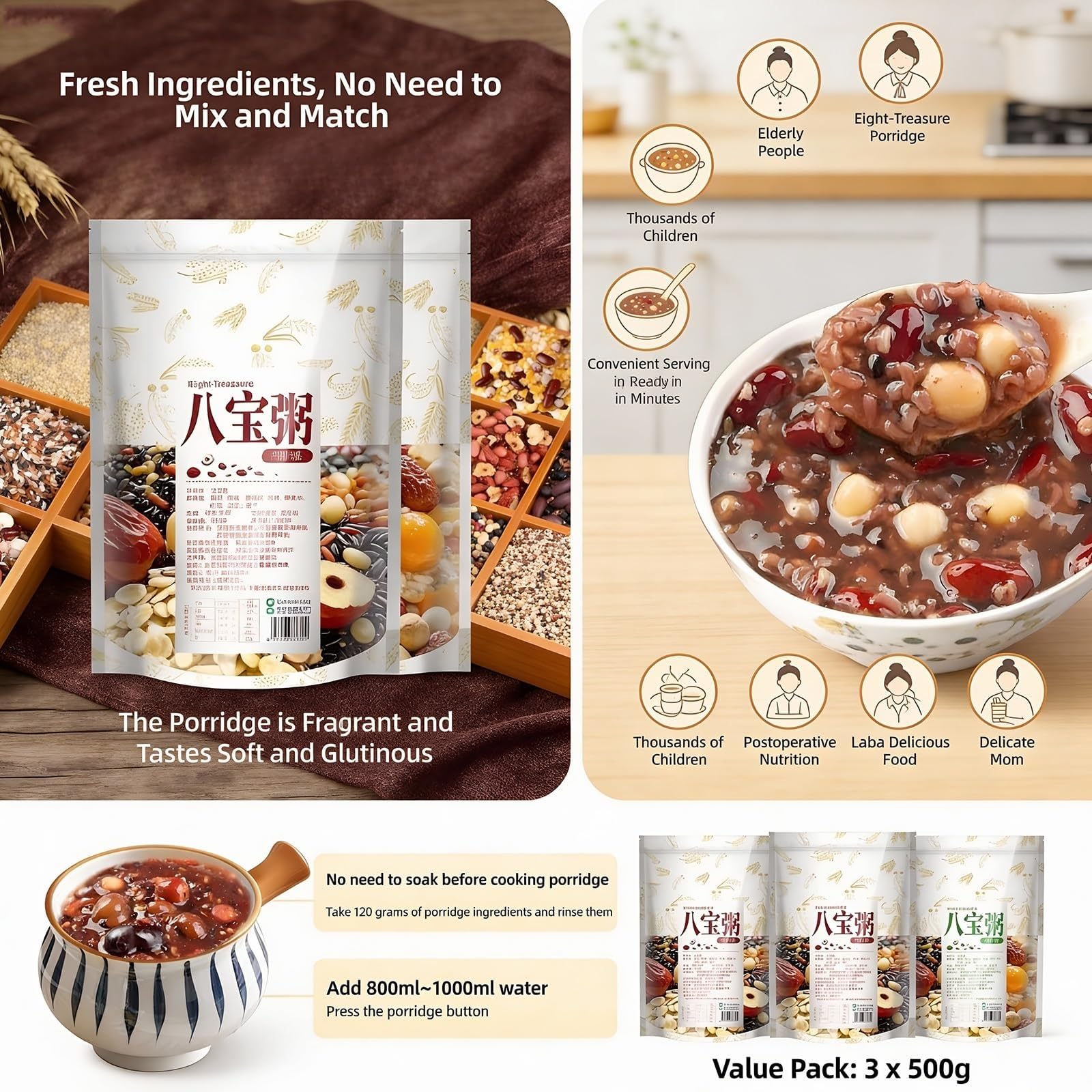 3 Bolsas De 500 G De Mezcla De Gachas Eight Treasure, Cereales Integrales De Fácil Cocción, Sellado Al Vacío, Desayuno Y Merienda