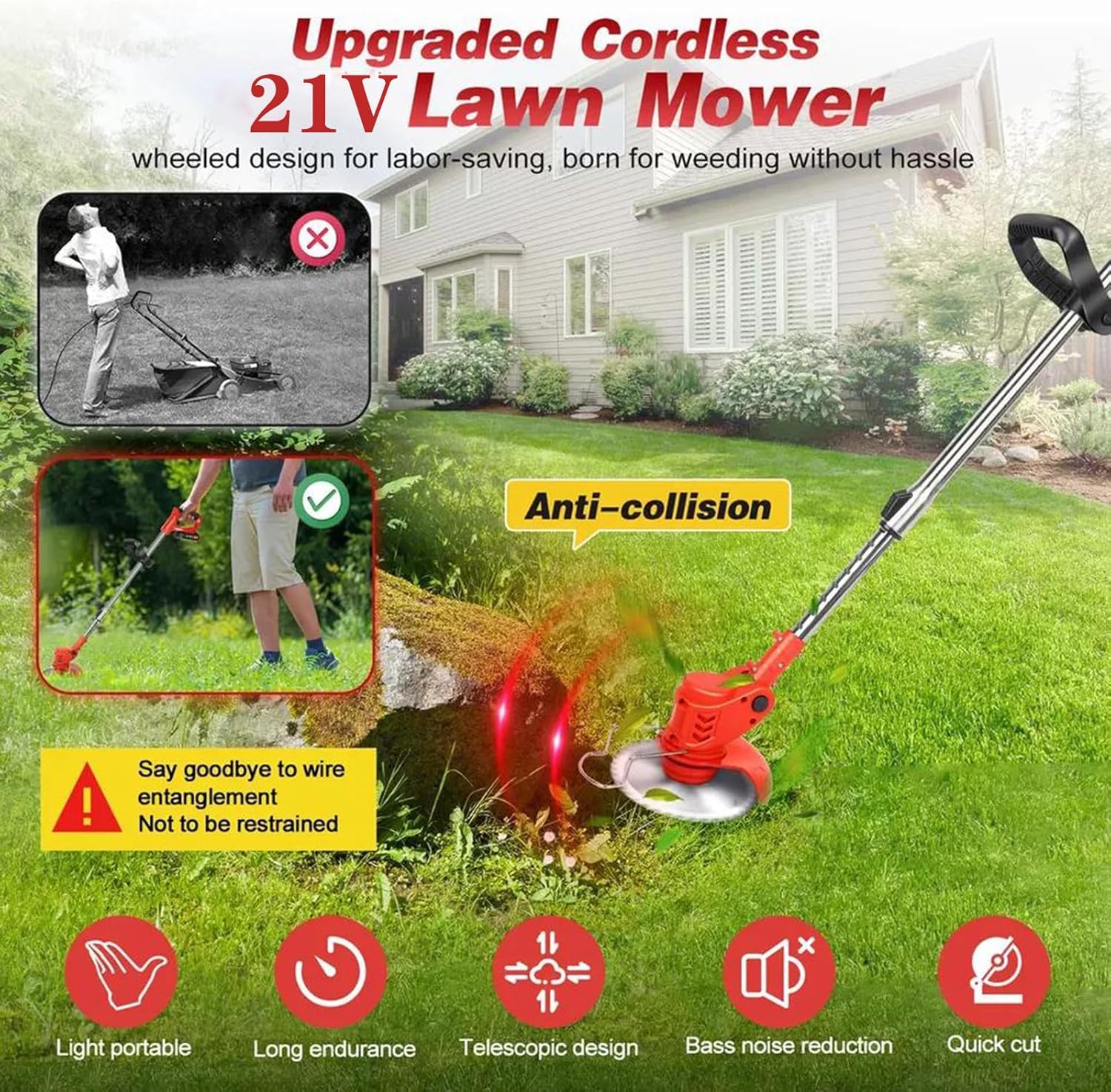 Desbrozadora con batería, batería eléctrica para baterías Makita 3 en 1, desbrozadora giratoria 90°, con batería y cargador, mango ajustable para podar césped y jardín (rojo)