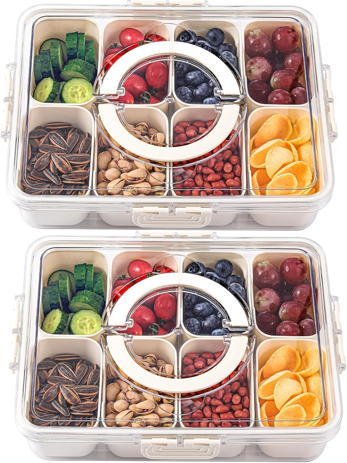 HNNJCK Snackbox mit Fächern 2 Set, Snackschaller mit Deckel und Griff,Tragbar Snackbox Organizer für Süßigkeiten Obst Keksen Dessert Gemüse Nüsse